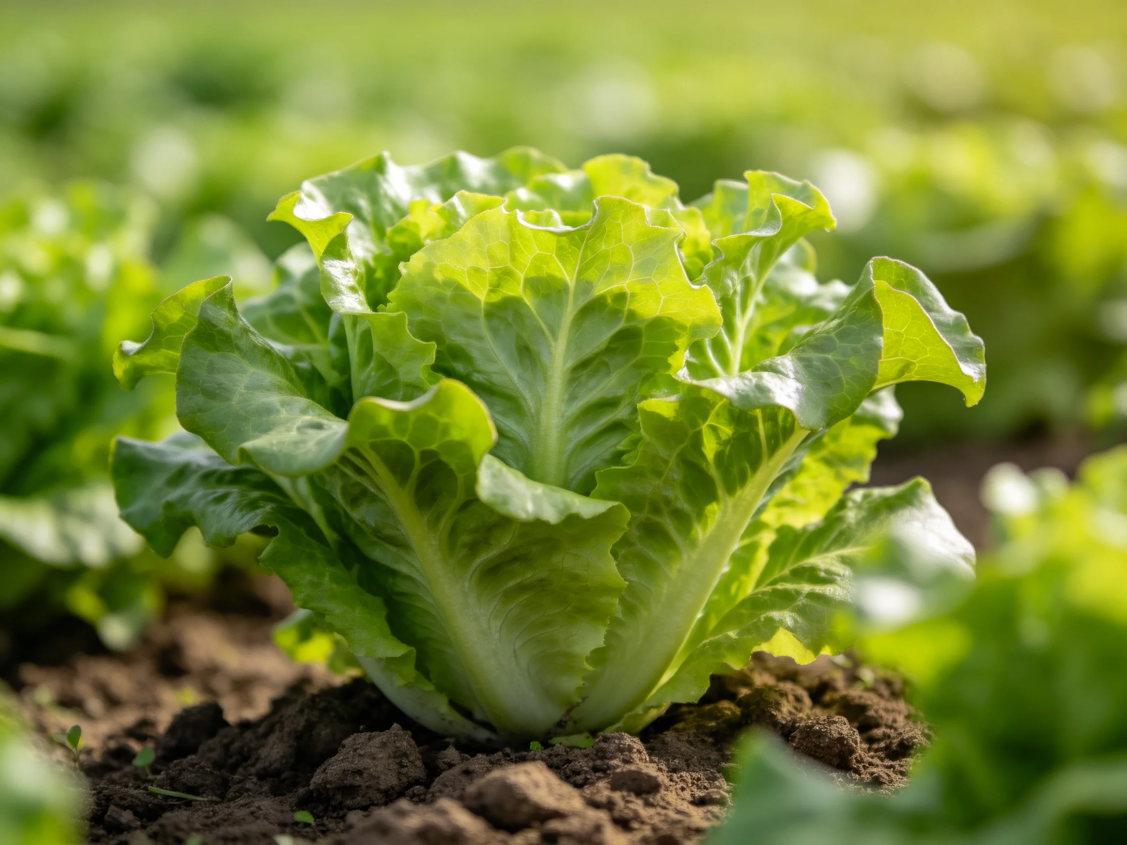 Vibrant green lettuce head thriving in fertile soil amid lush vegetation