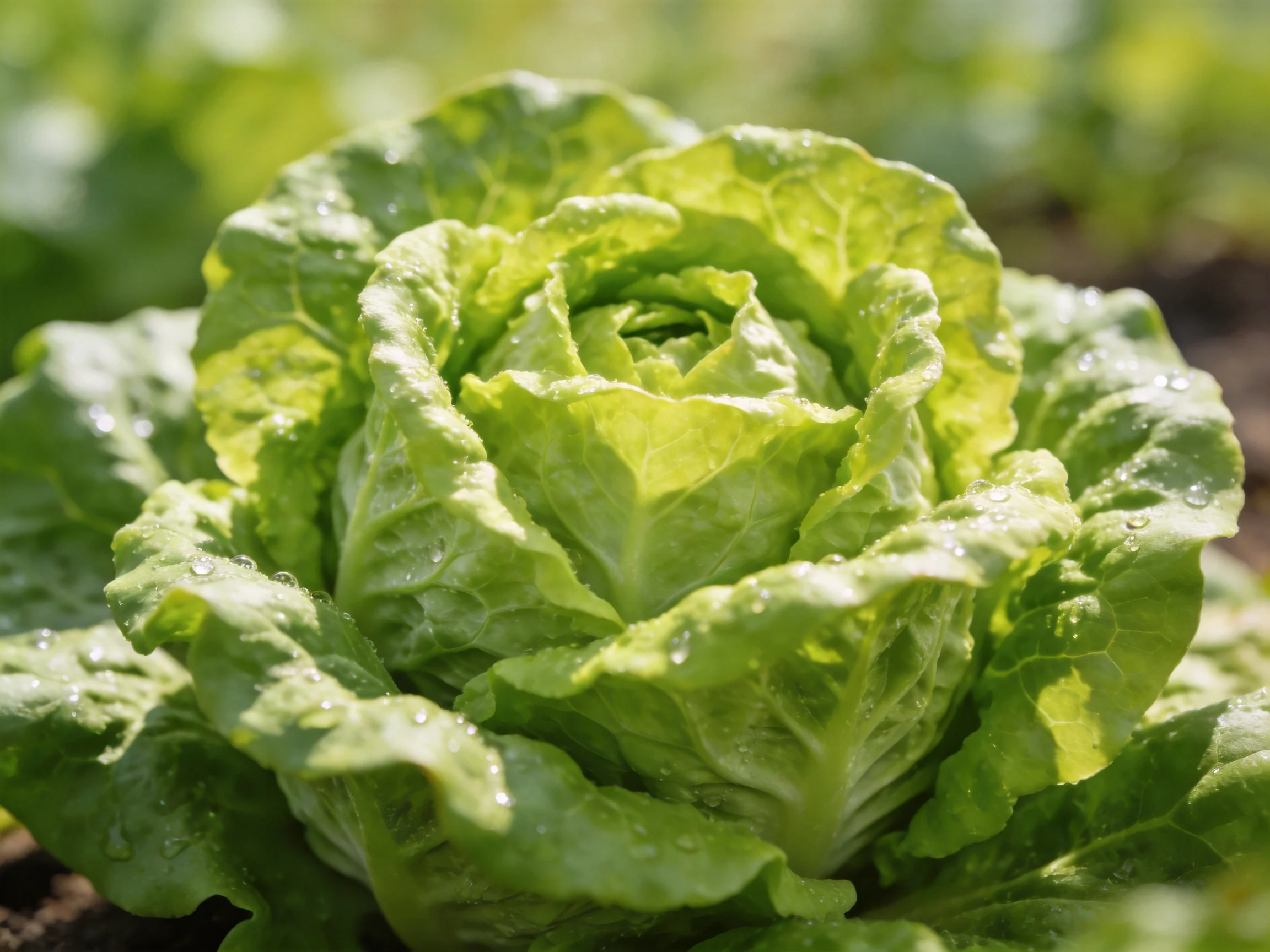 Vibrant green lettuce head with water droplets in sunlit garden