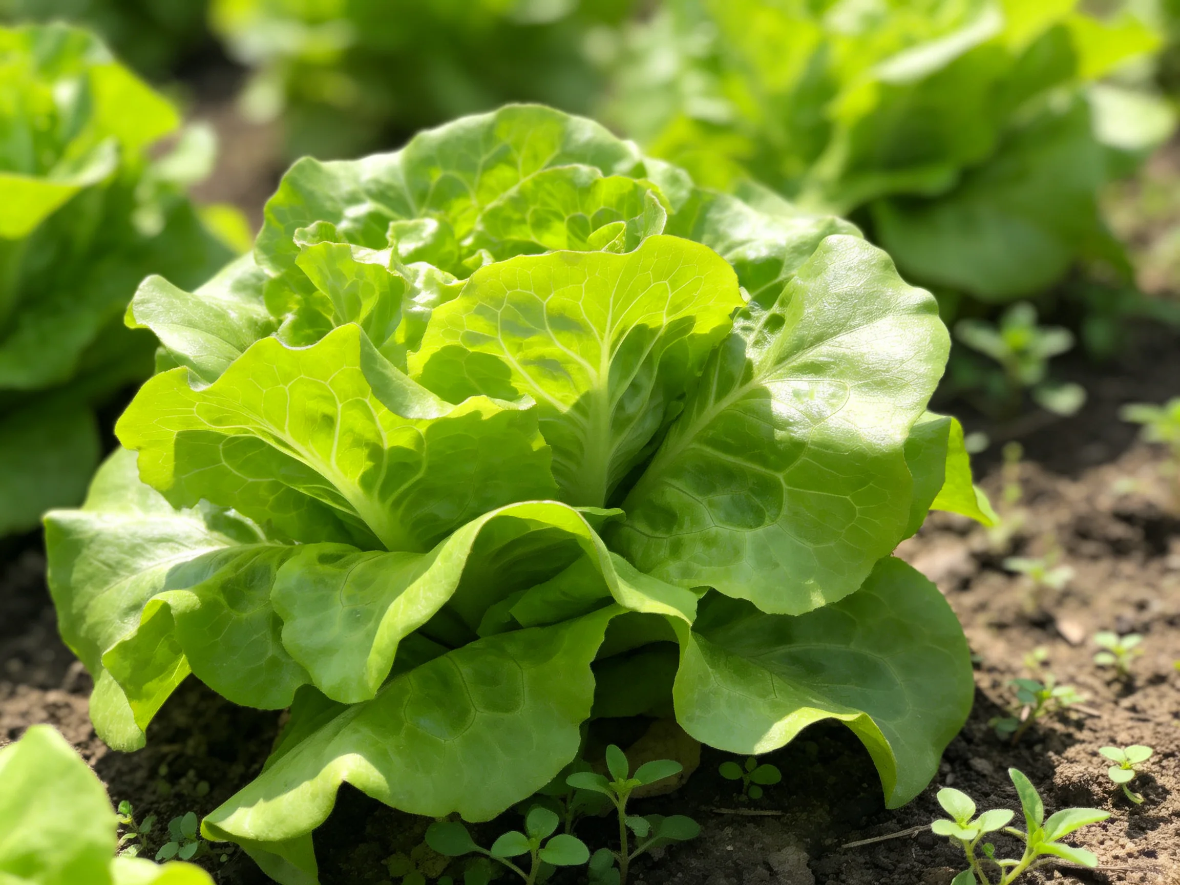 Vibrant green lettuce heads thrive in a sunlit garden bed