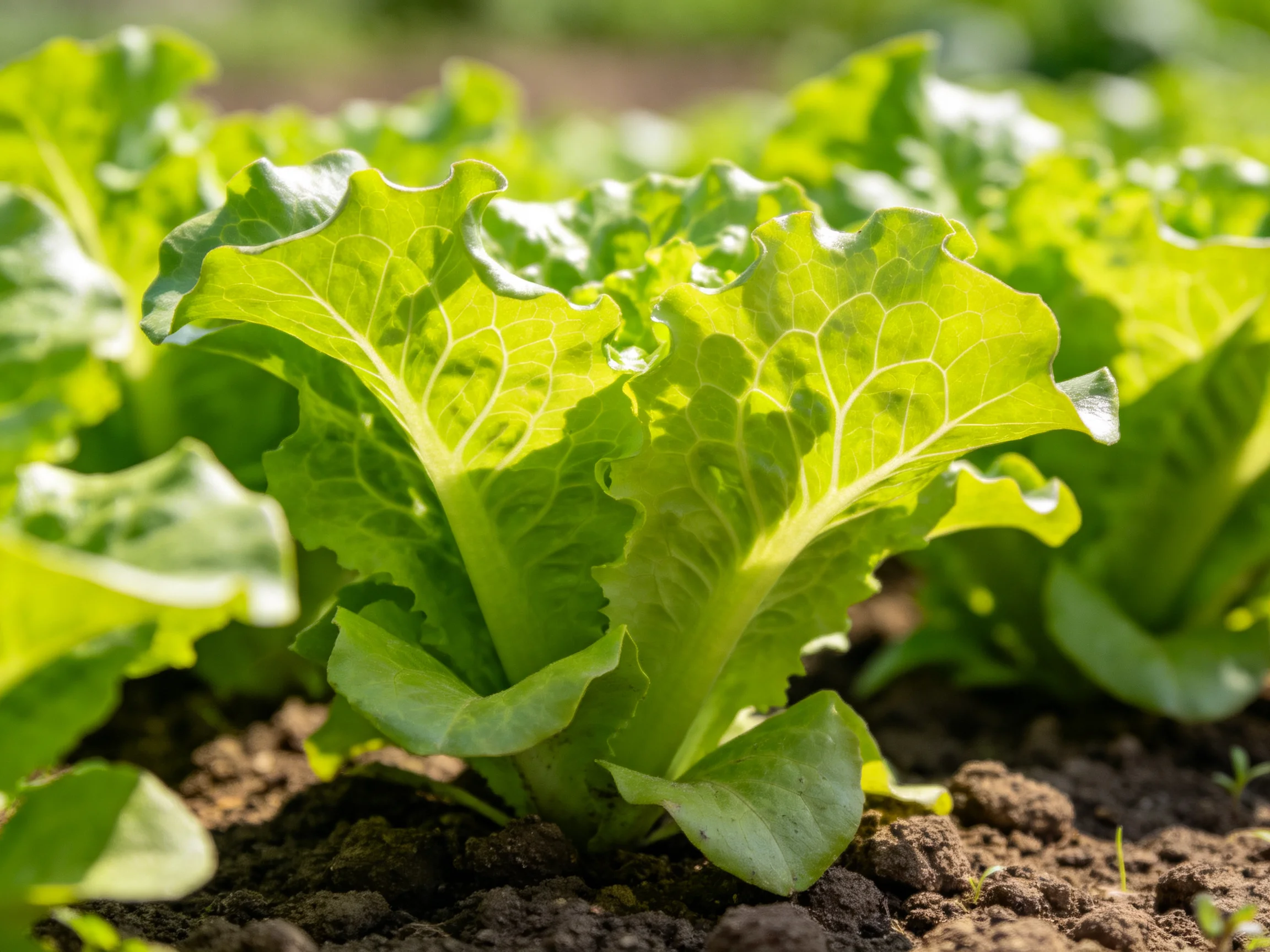 Vibrant green lettuce plants growing in fertile soil under bright sunlight