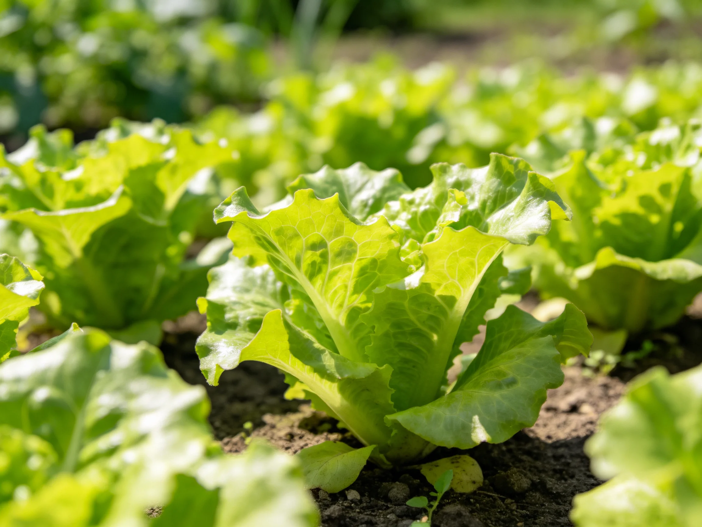 Vibrant green lettuce plants thriving in organized garden beds
