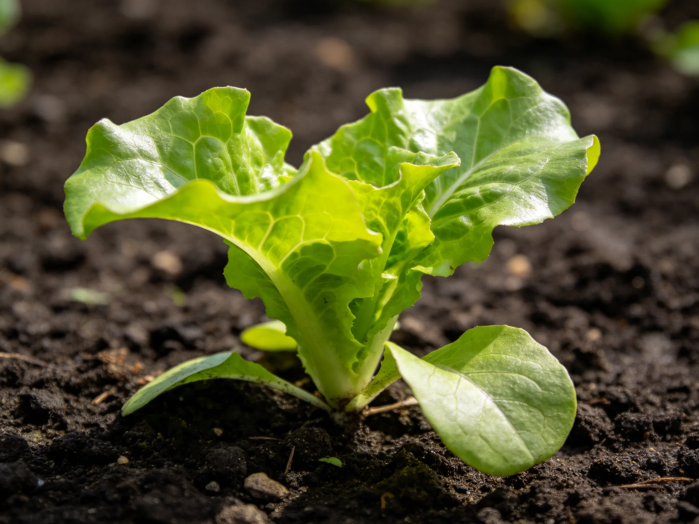 Vibrant green lettuce seedling growing in dark, moist soil