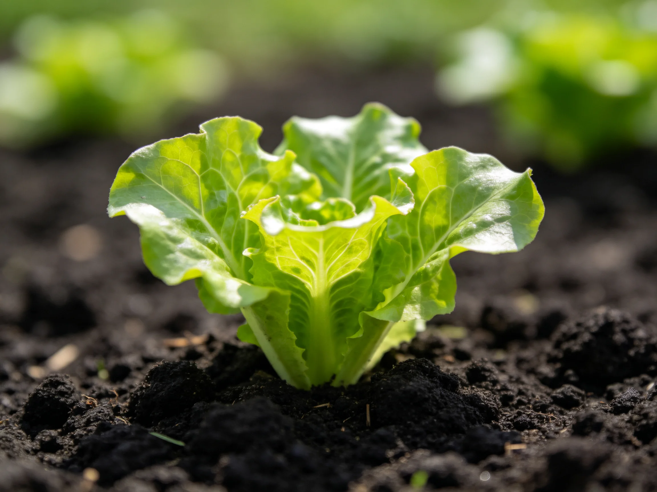 Vibrant green lettuce seedling in dark, fertile garden soil