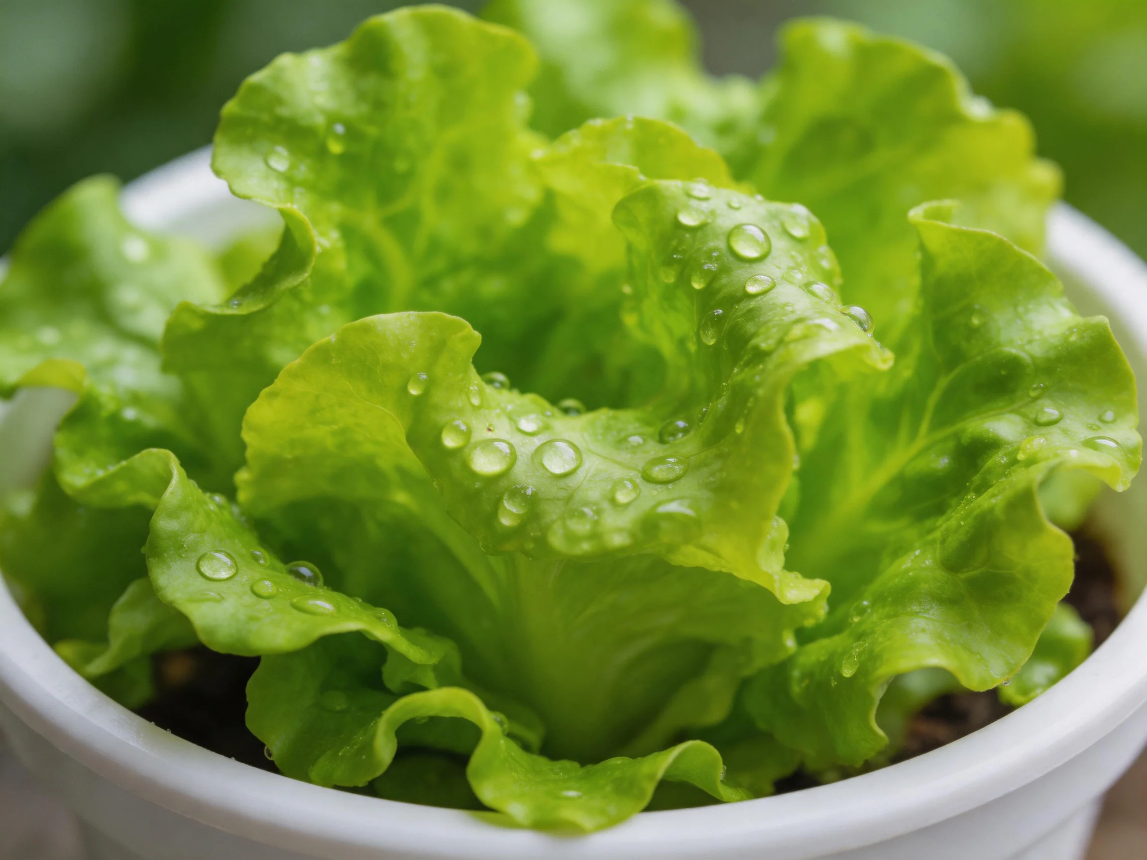 Vibrant green lettuce with dew drops in a white container