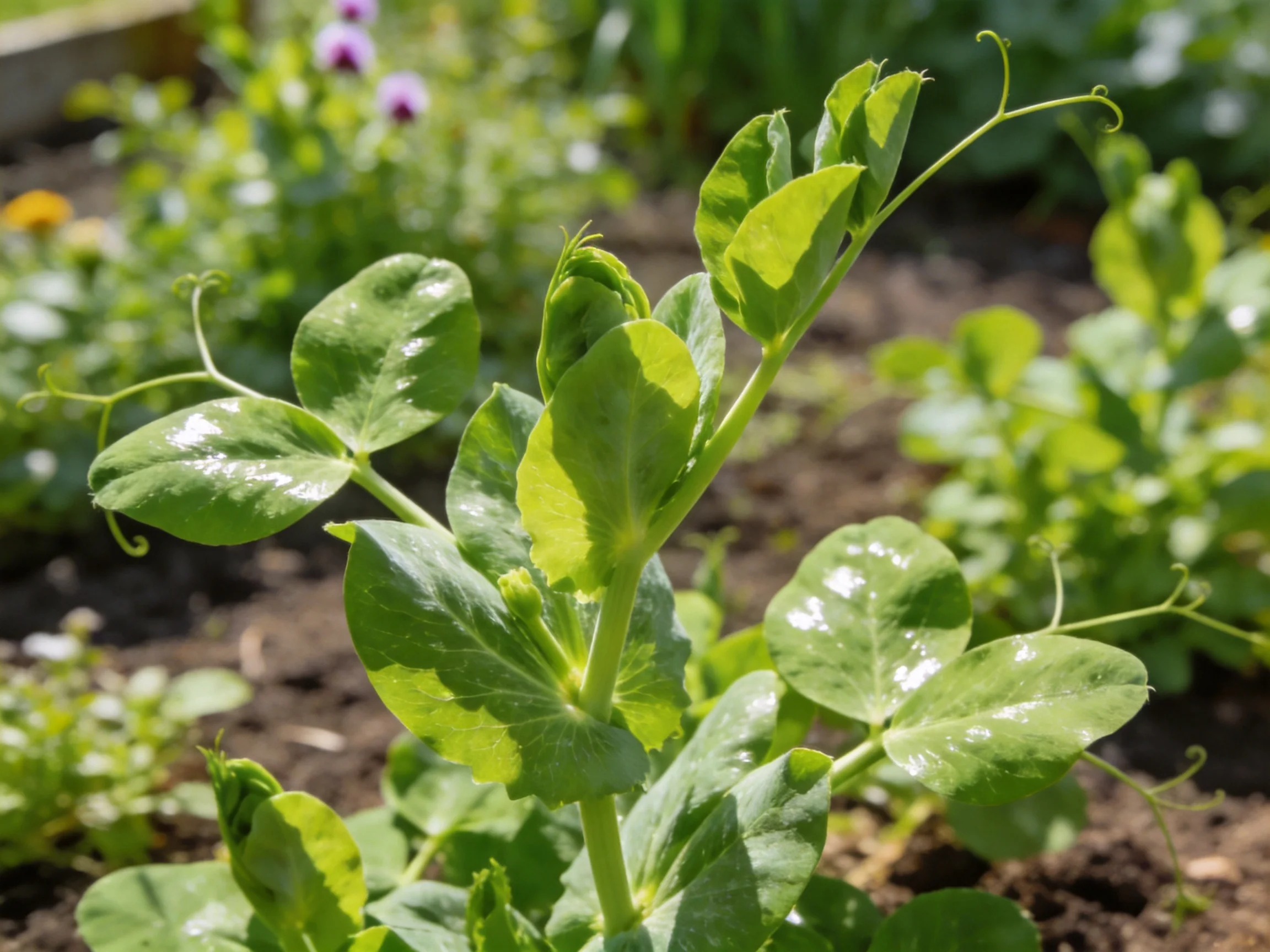 Vibrant green pea seedling with tendrils in a sunlit garden bed