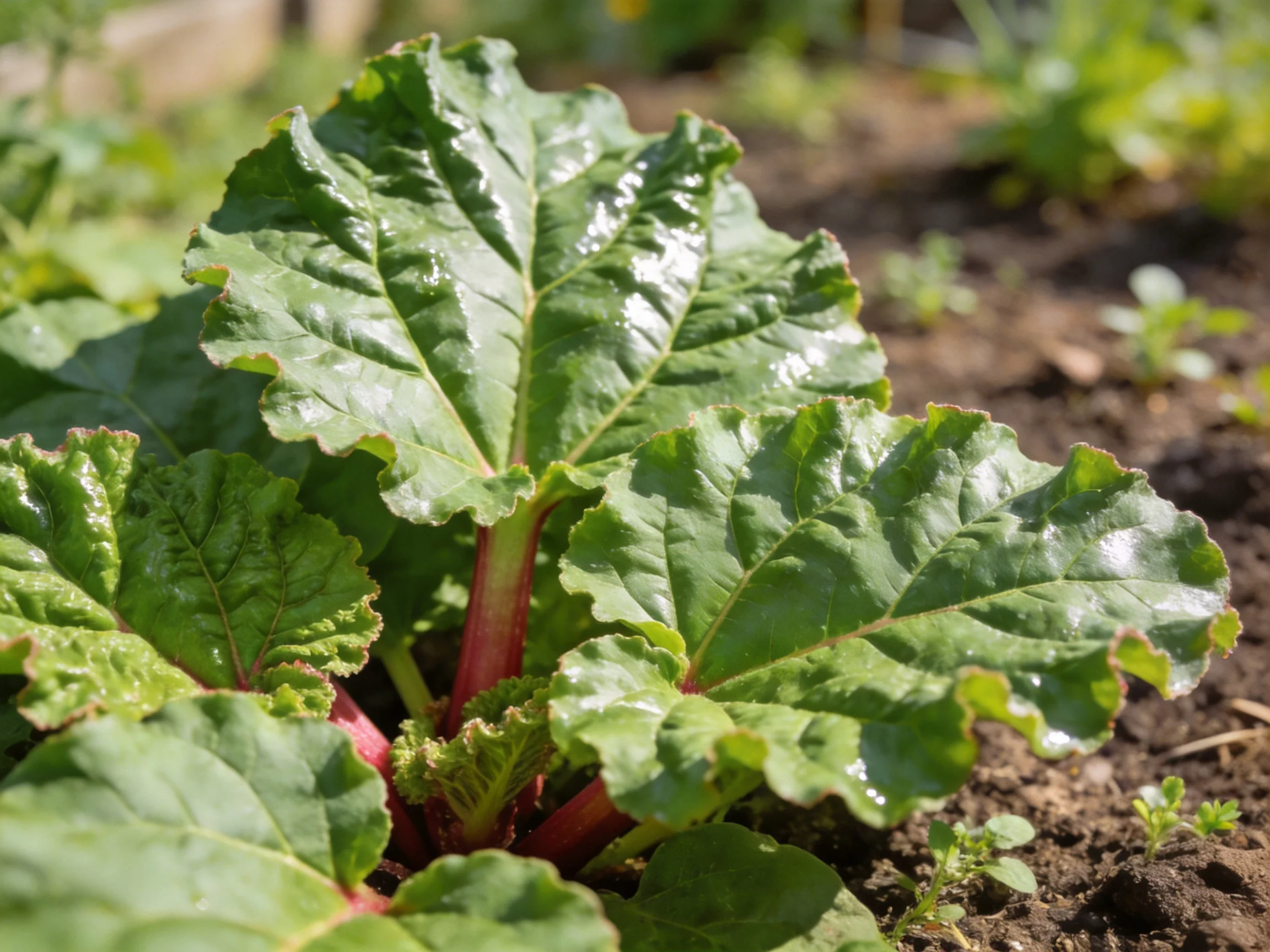 Vibrant green rhubarb leaves with reddish stems in a sunlit garden bed