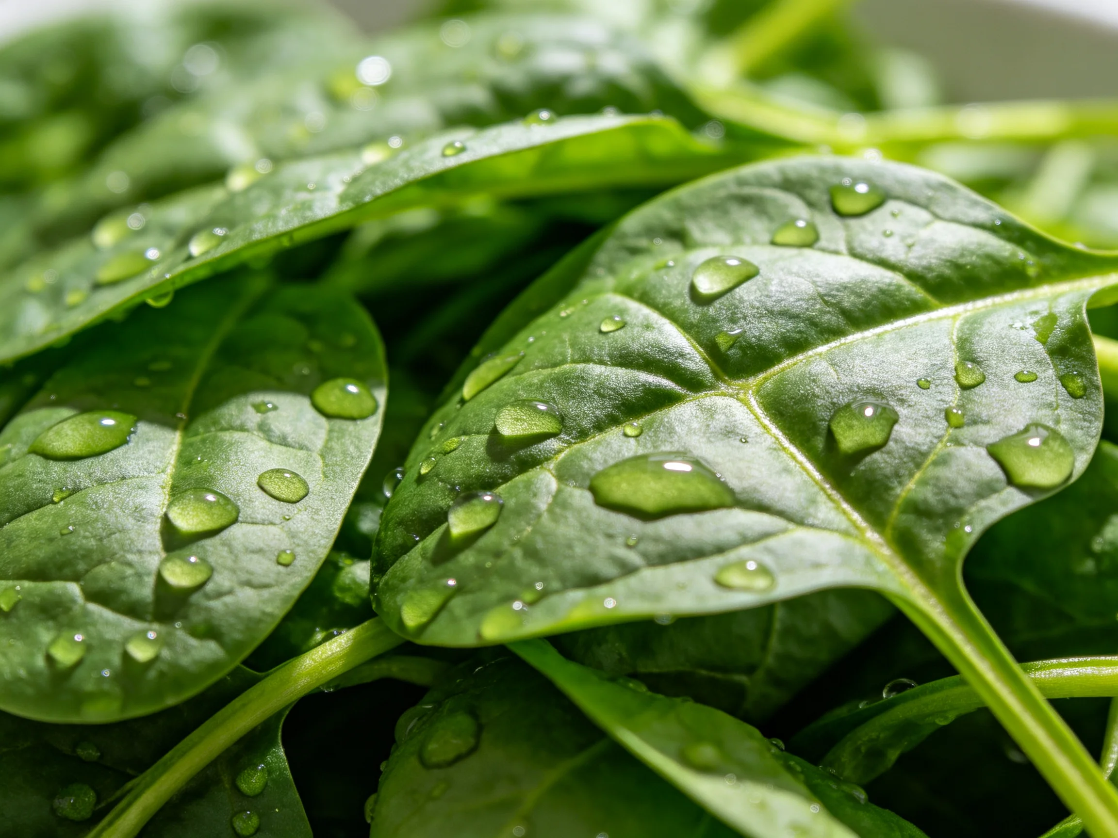 Vibrant green spinach leaves with glistening water droplets