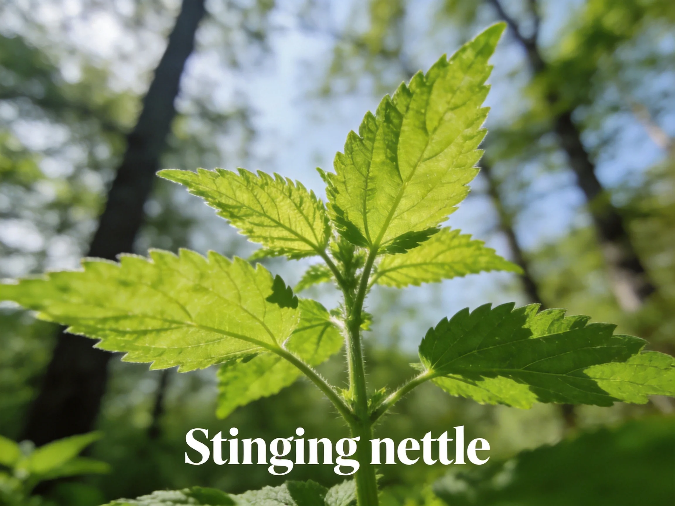Vibrant green stinging nettle leaves against blurred forest backdrop