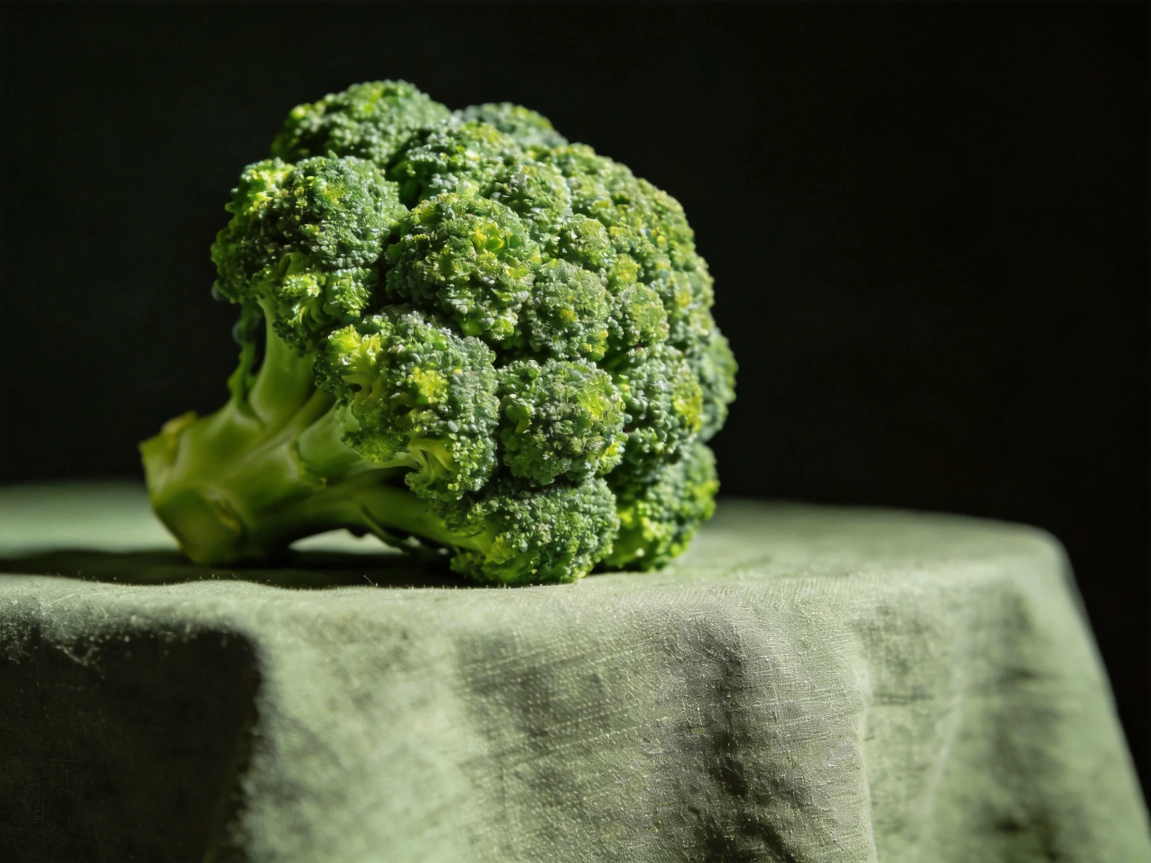 Vibrant head of broccoli rests on muted green cloth against dark backdrop