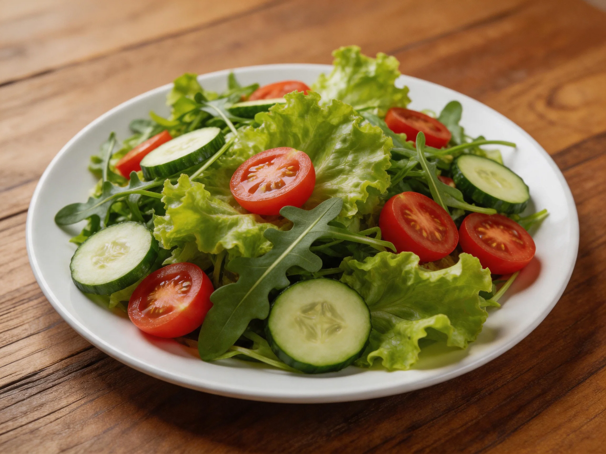 Vibrant mixed greens salad with cherry tomatoes and cucumber slices