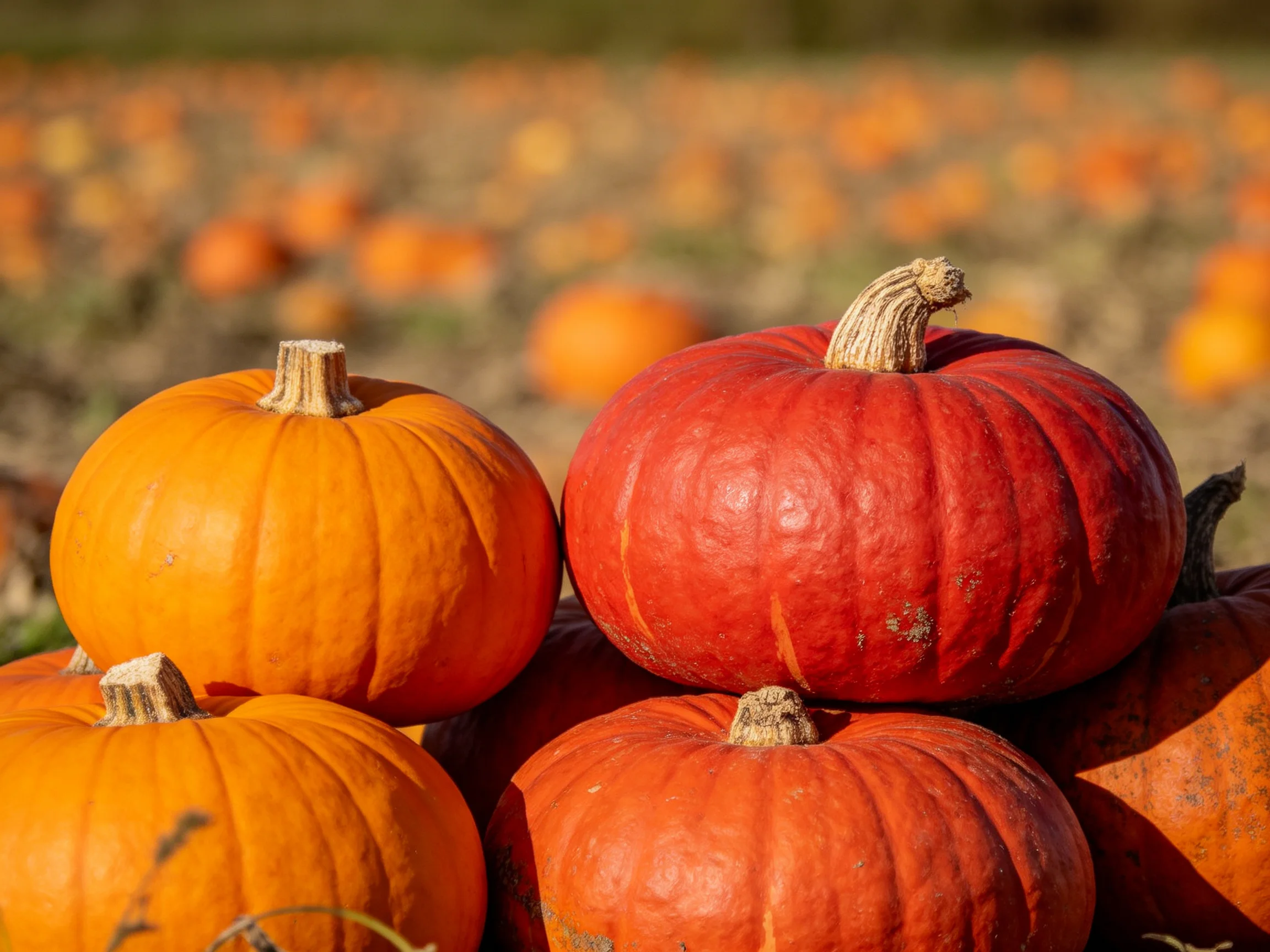 Vibrant orange and red pumpkins stacked in a pumpkin field
