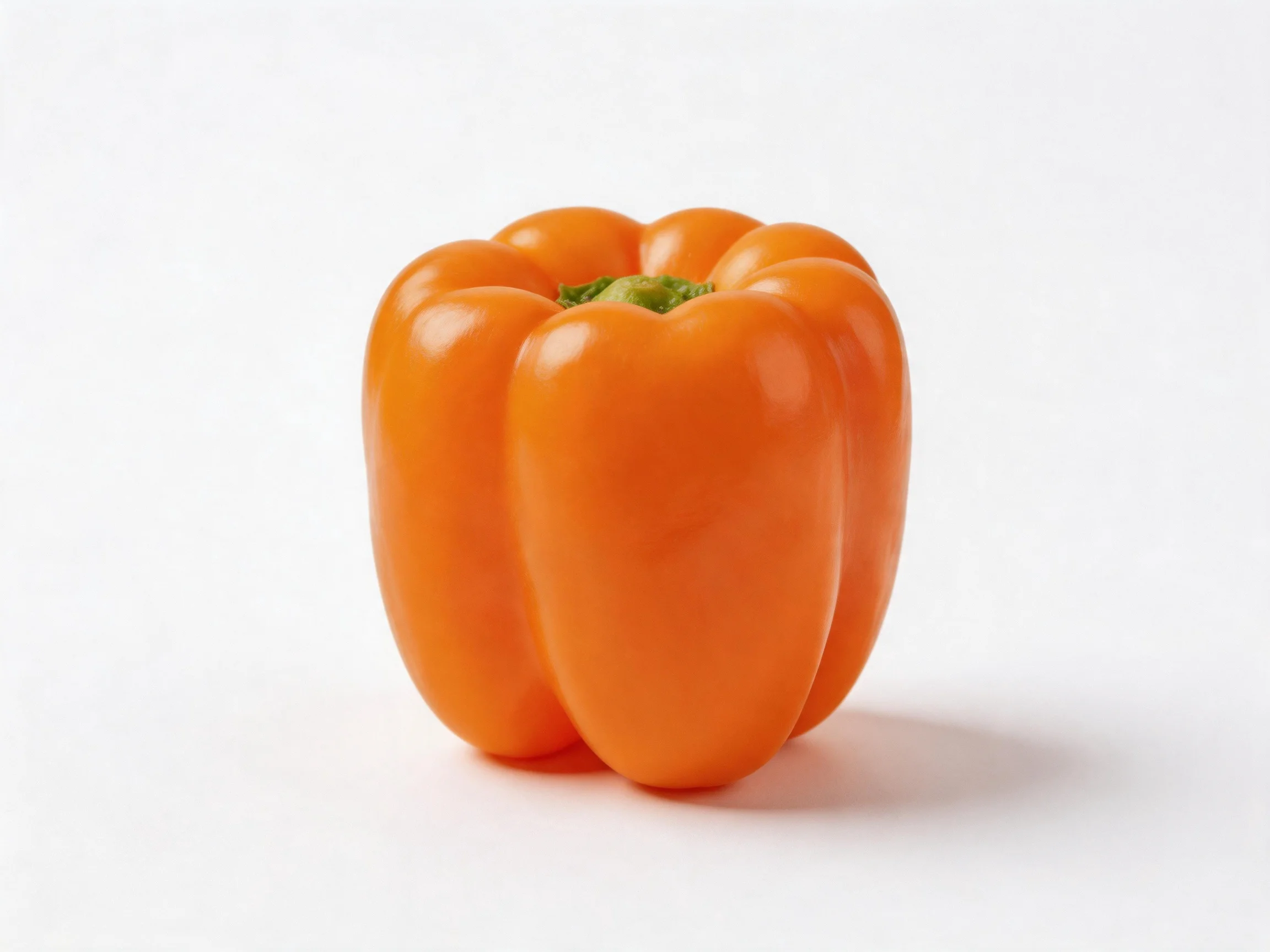Vibrant orange bell pepper centered on a plain white background