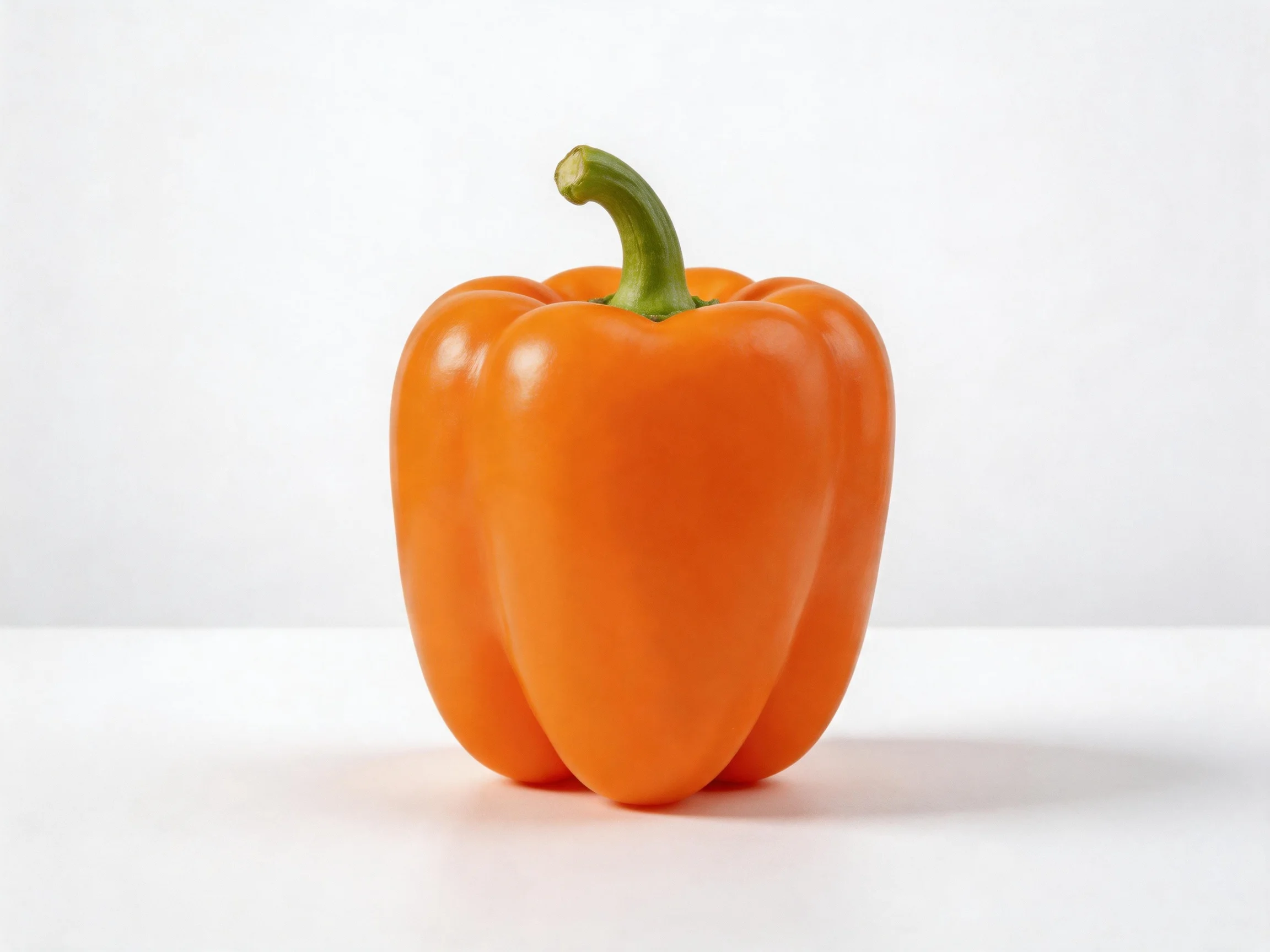 Vibrant orange bell pepper centered on a plain white surface