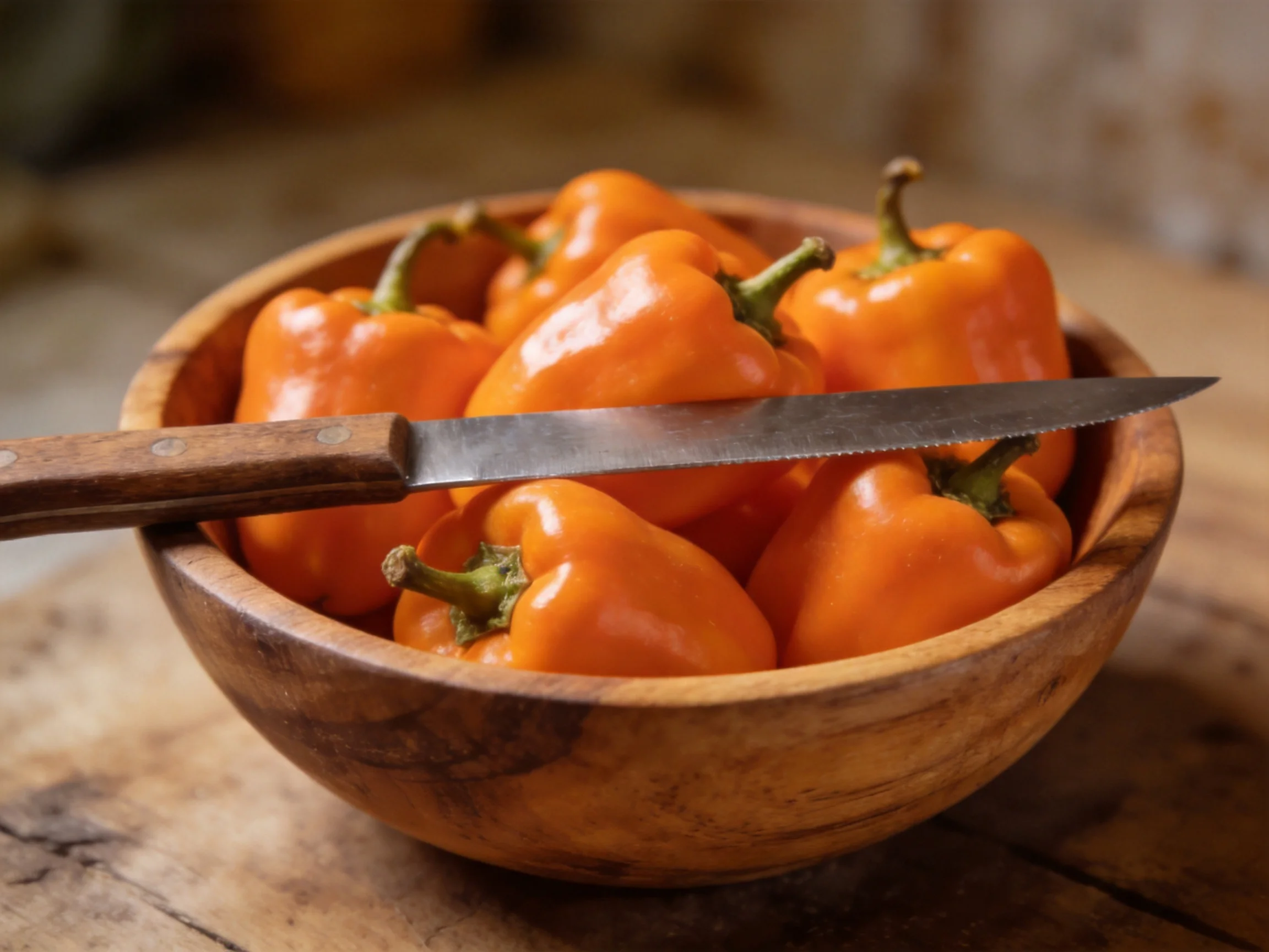 Vibrant orange bell peppers fill a wooden bowl with a knife placed atop them