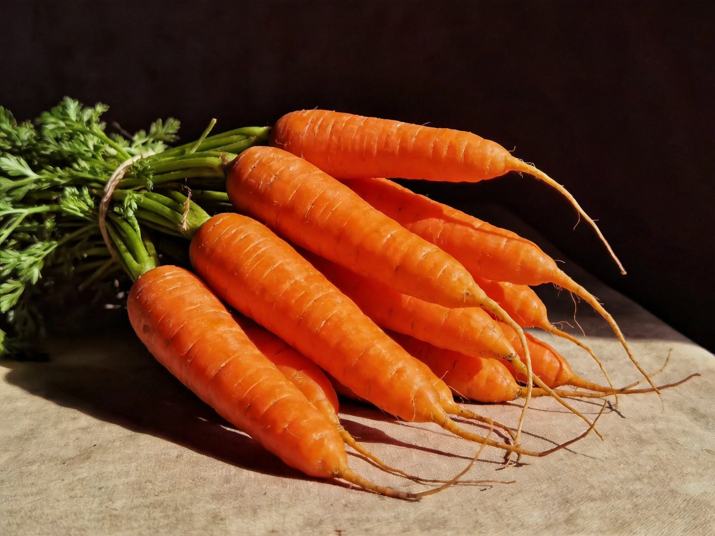 Vibrant orange carrots bundled with fresh green tops on a neutral surface