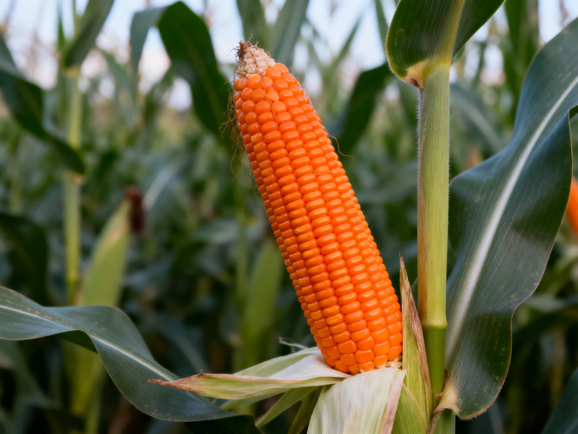 Vibrant orange corn cob attached to a green stalk in a cornfield