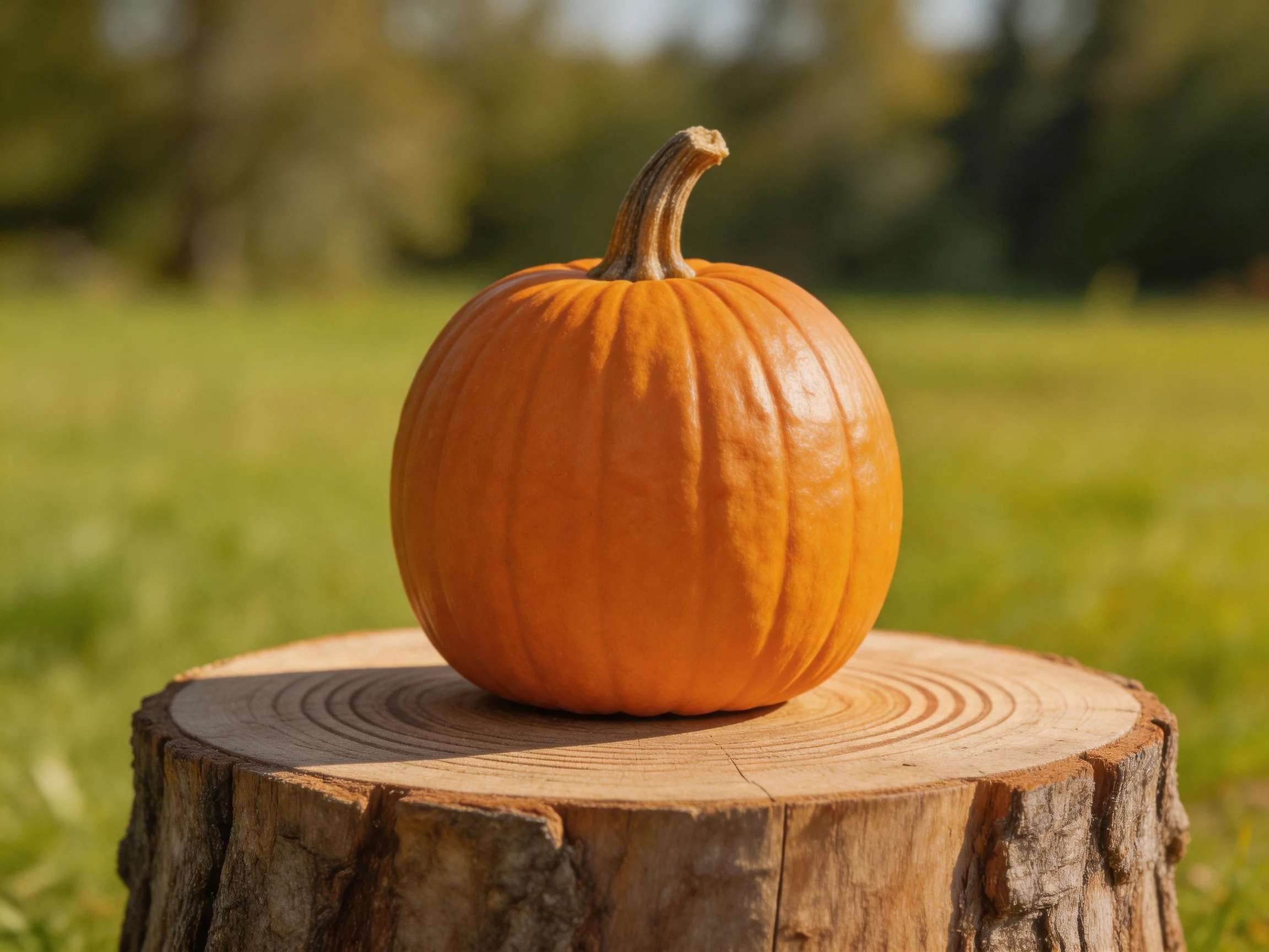 Vibrant orange pumpkin sits atop a weathered wooden tree stump near a green field.
