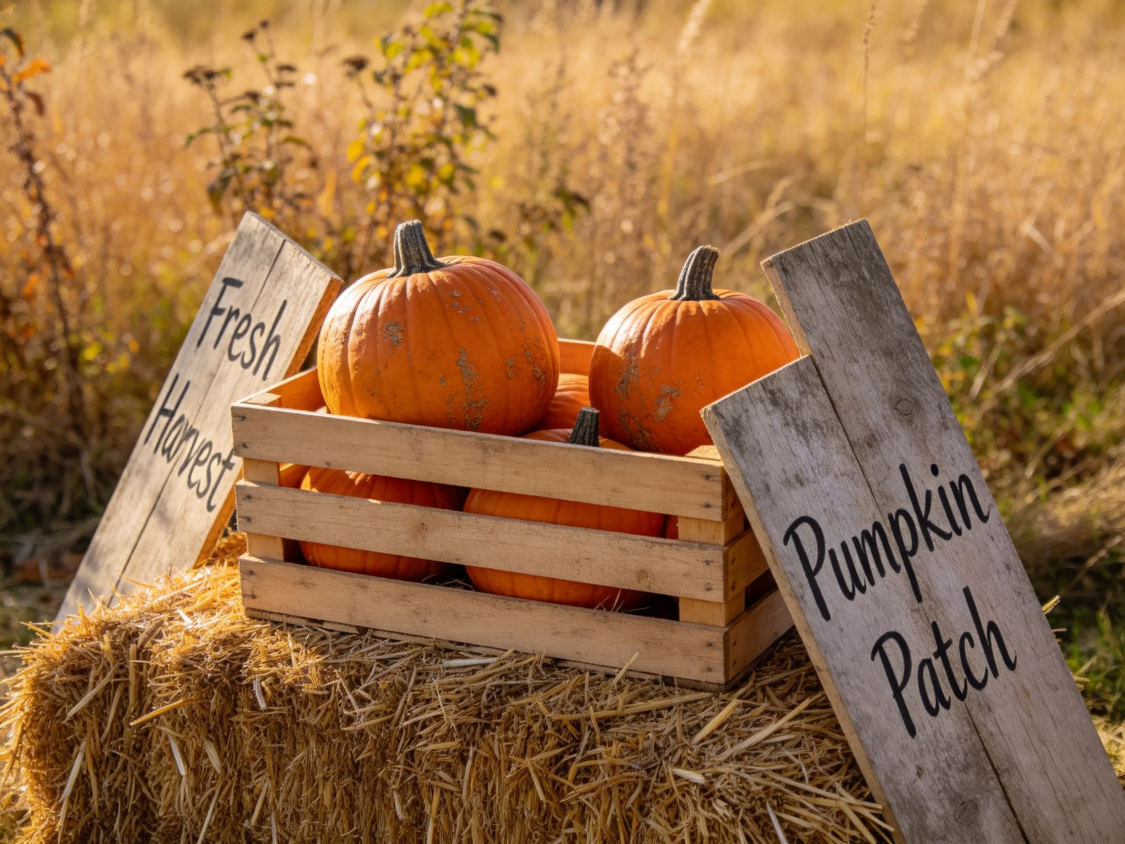 Vibrant orange pumpkins in wooden crate atop hay bale near rustic signs