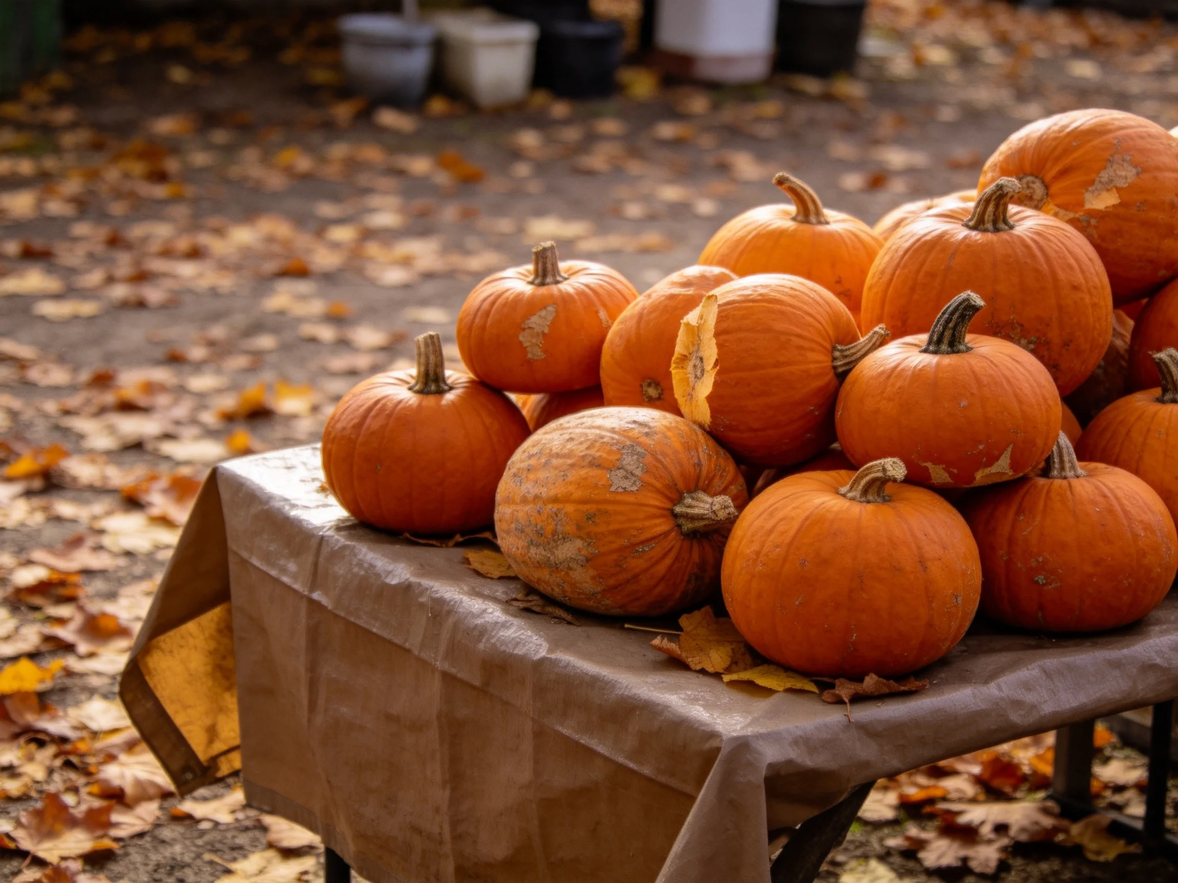 Vibrant orange pumpkins piled high on a brown table among autumn leaves