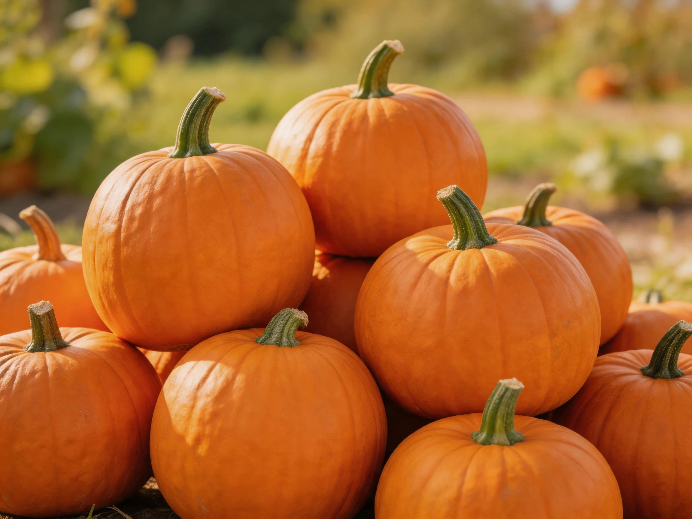 Vibrant orange pumpkins piled together in an outdoor setting