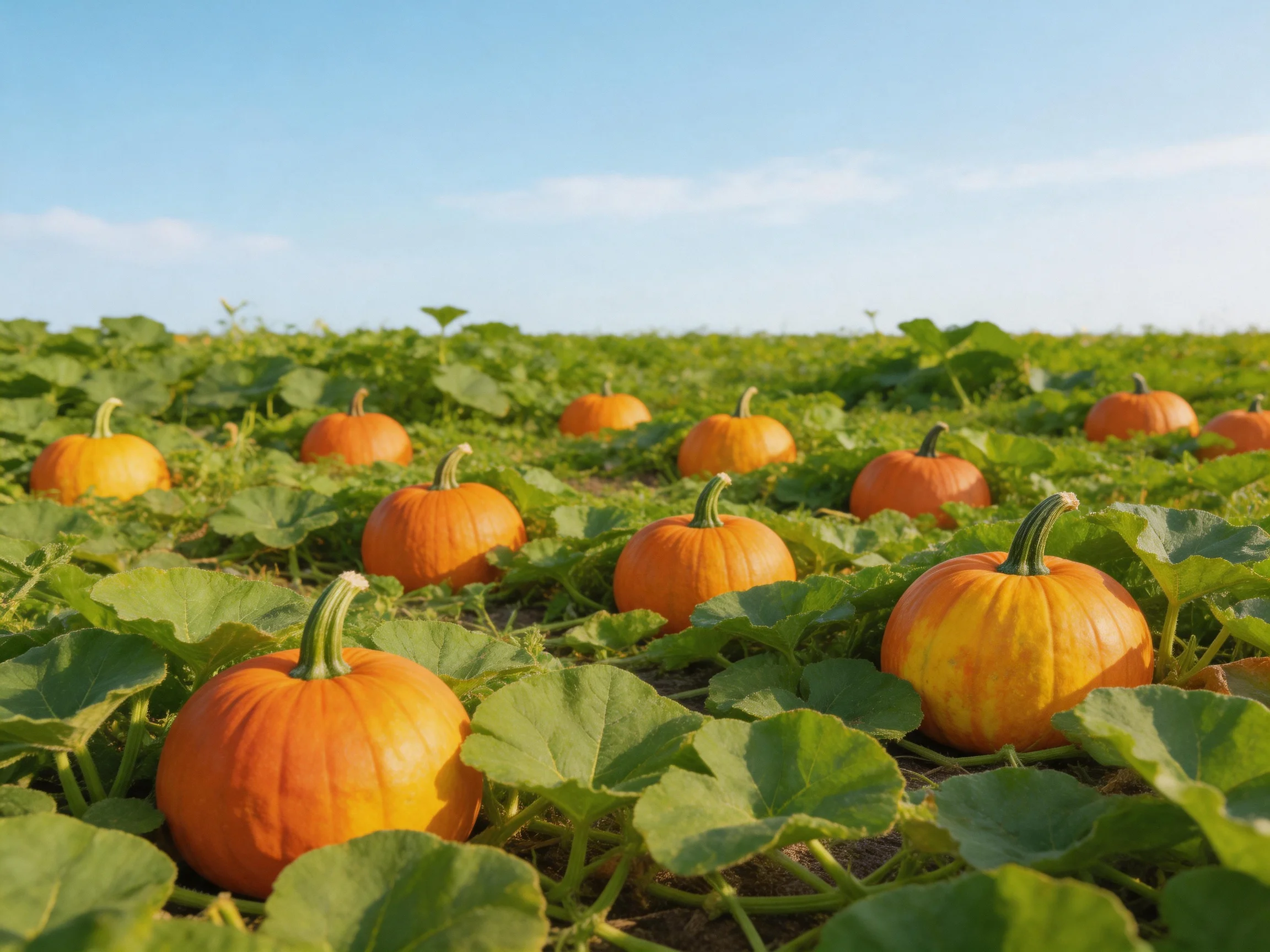 Vibrant orange pumpkins scattered among lush green foliage in a sunny field