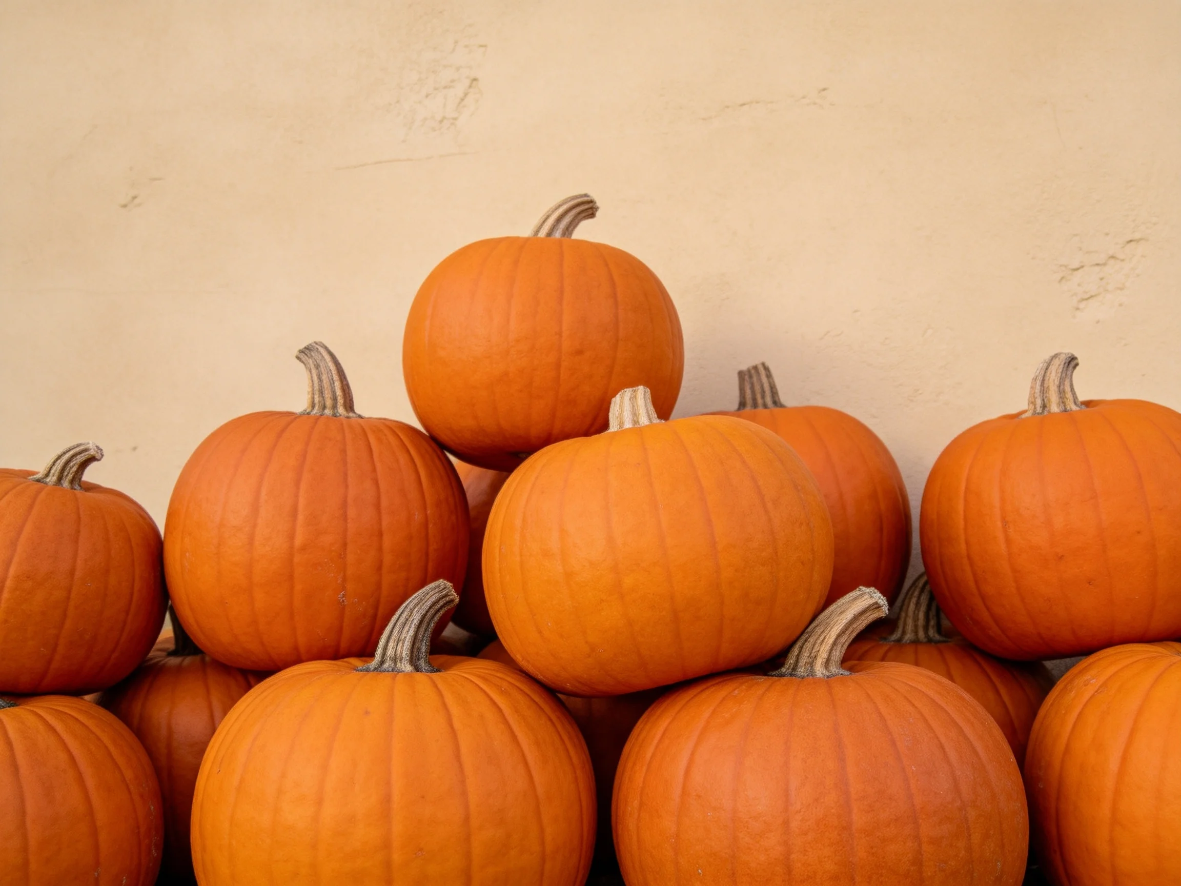 Vibrant orange pumpkins stacked in a pyramid formation against a plain wall