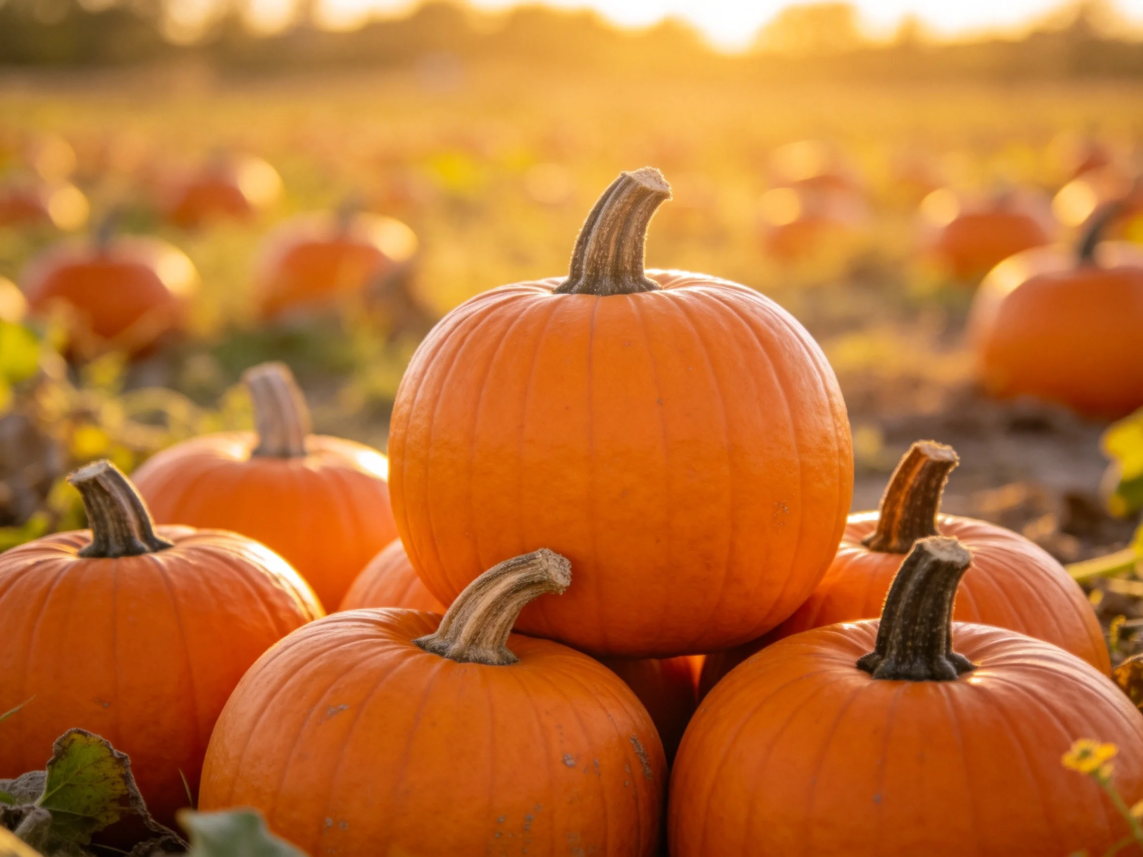 Vibrant orange pumpkins stacked in a sun-drenched pumpkin field
