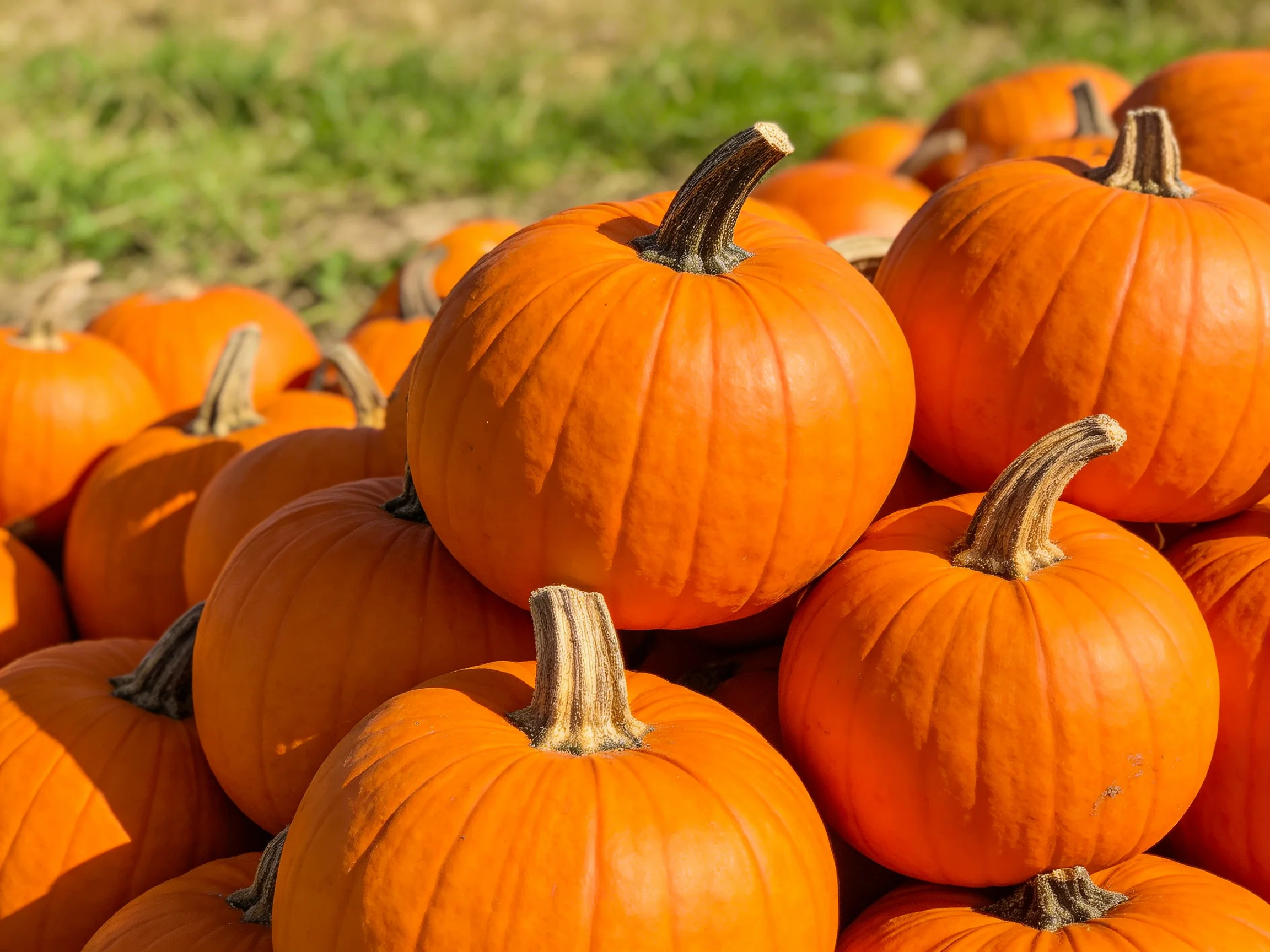 Vibrant orange pumpkins stacked in an outdoor pile near green grass