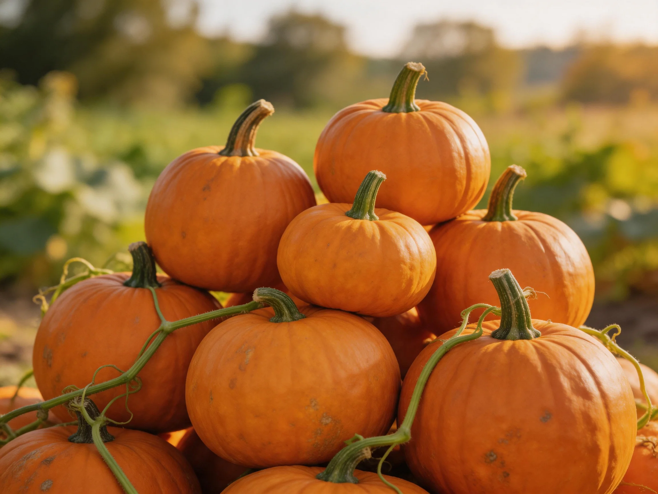 Vibrant orange pumpkins stacked outdoors amid green foliage