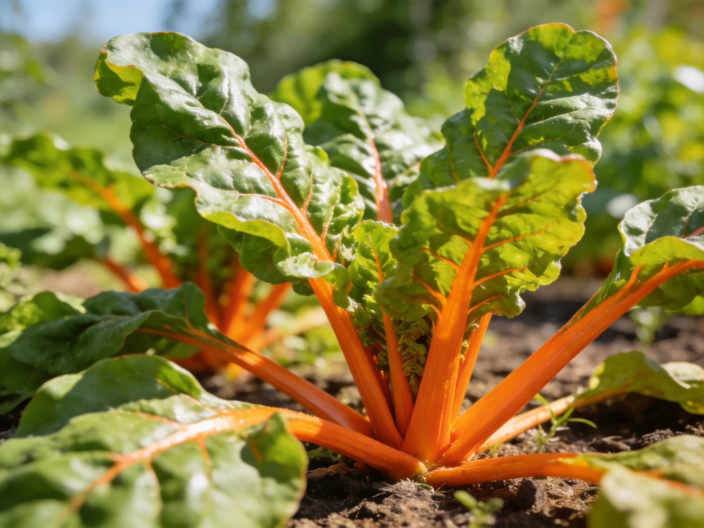 Vibrant orange-stemmed leafy greens flourishing in a sun-drenched garden bed