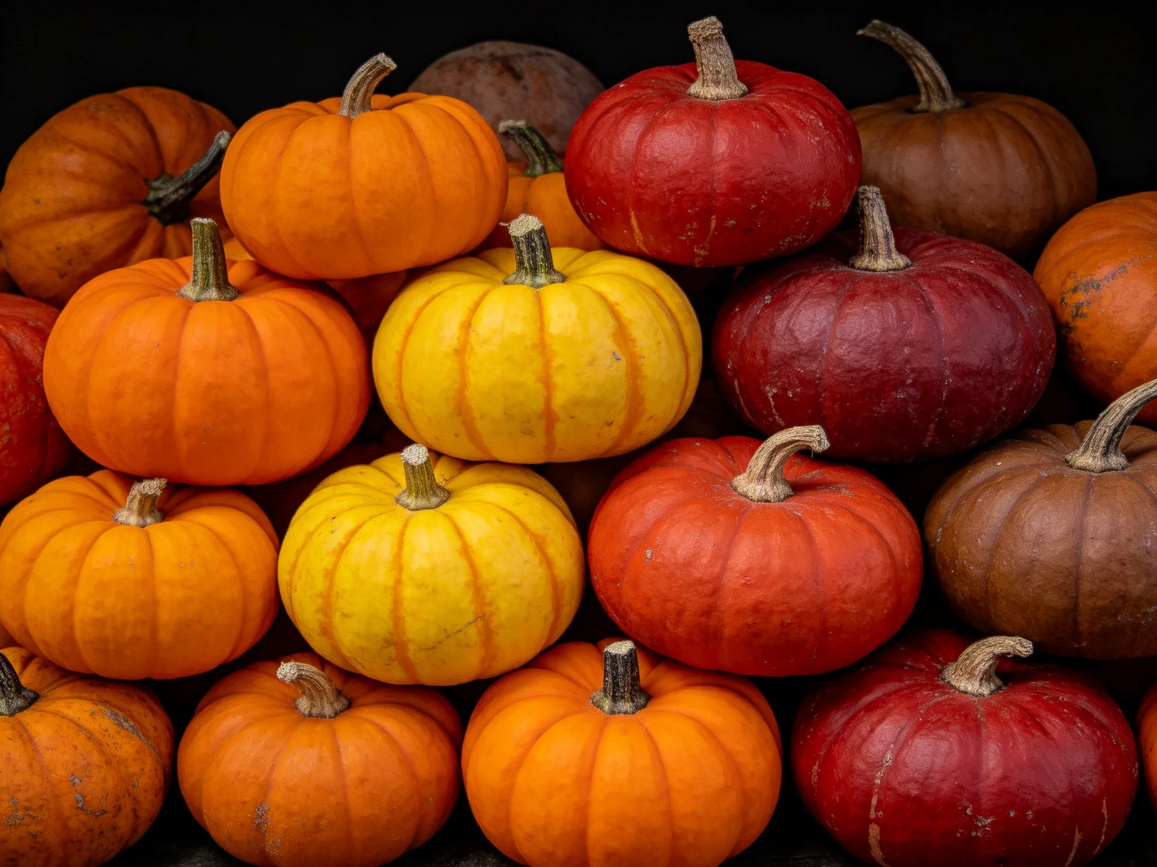 Vibrant pile of assorted small pumpkins in diverse colors
