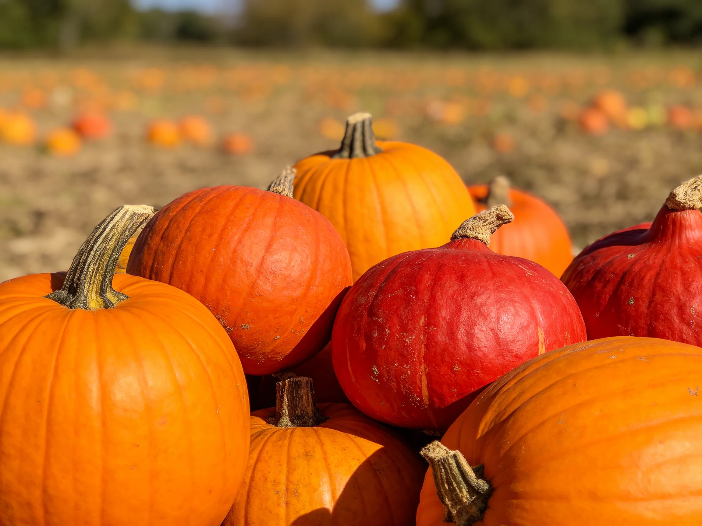 Vibrant pile of multicolored pumpkins in autumn field