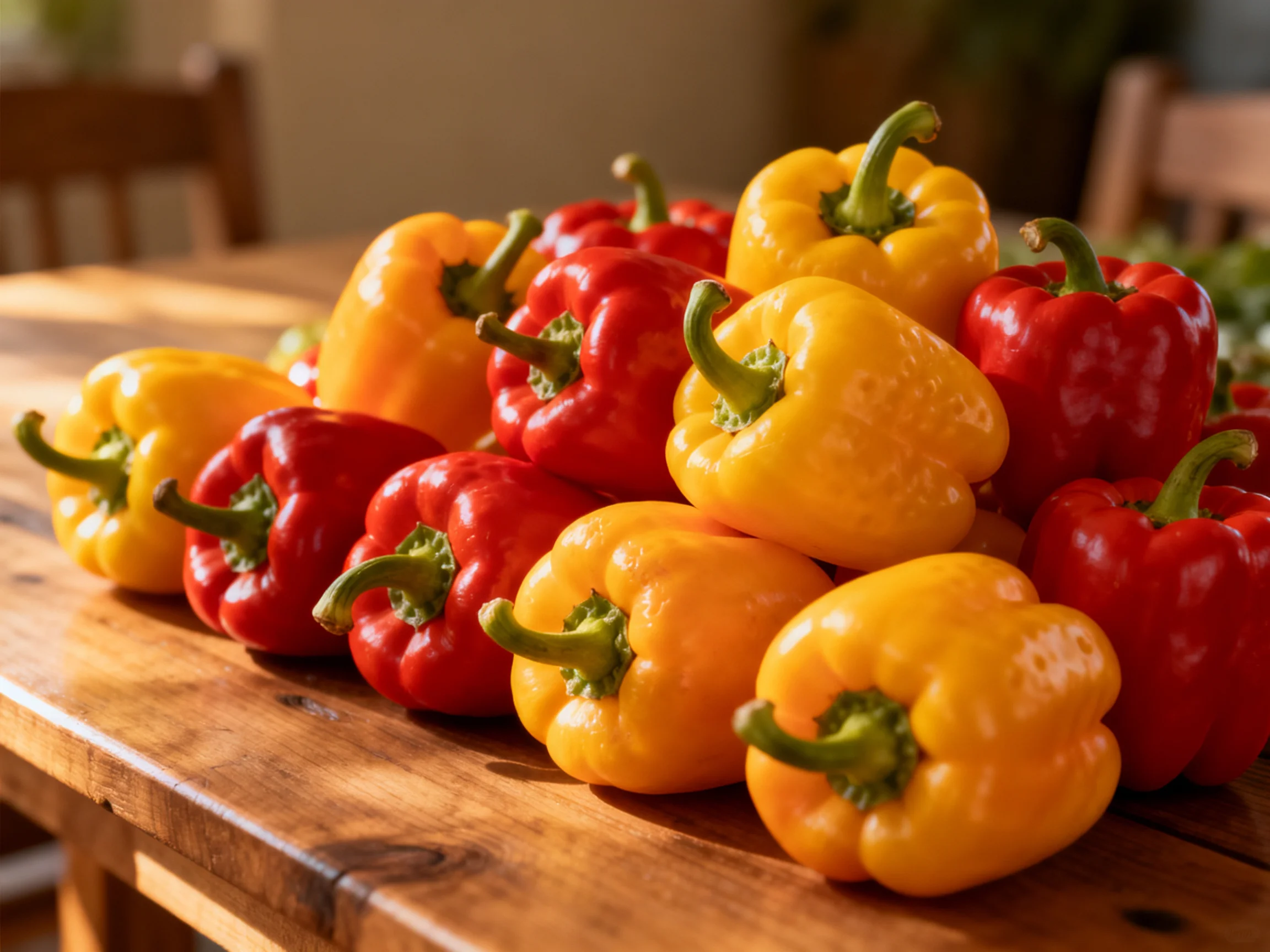 Vibrant pile of red, yellow, and orange bell peppers on a rustic wooden table