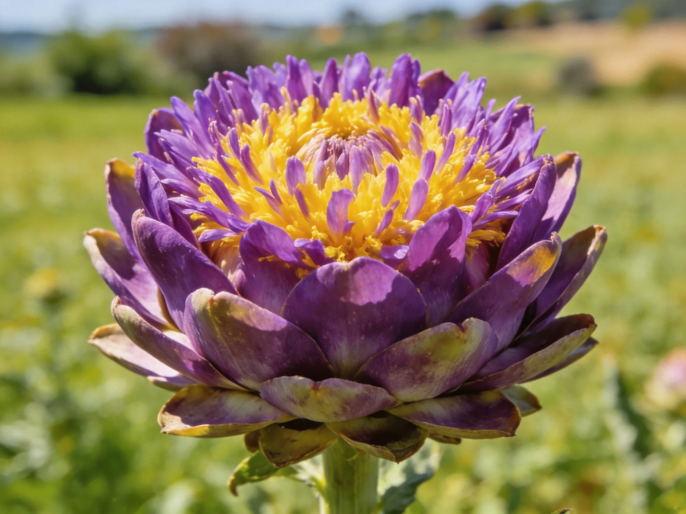 Vibrant purple artichoke bloom with golden central disk in sunlit green field