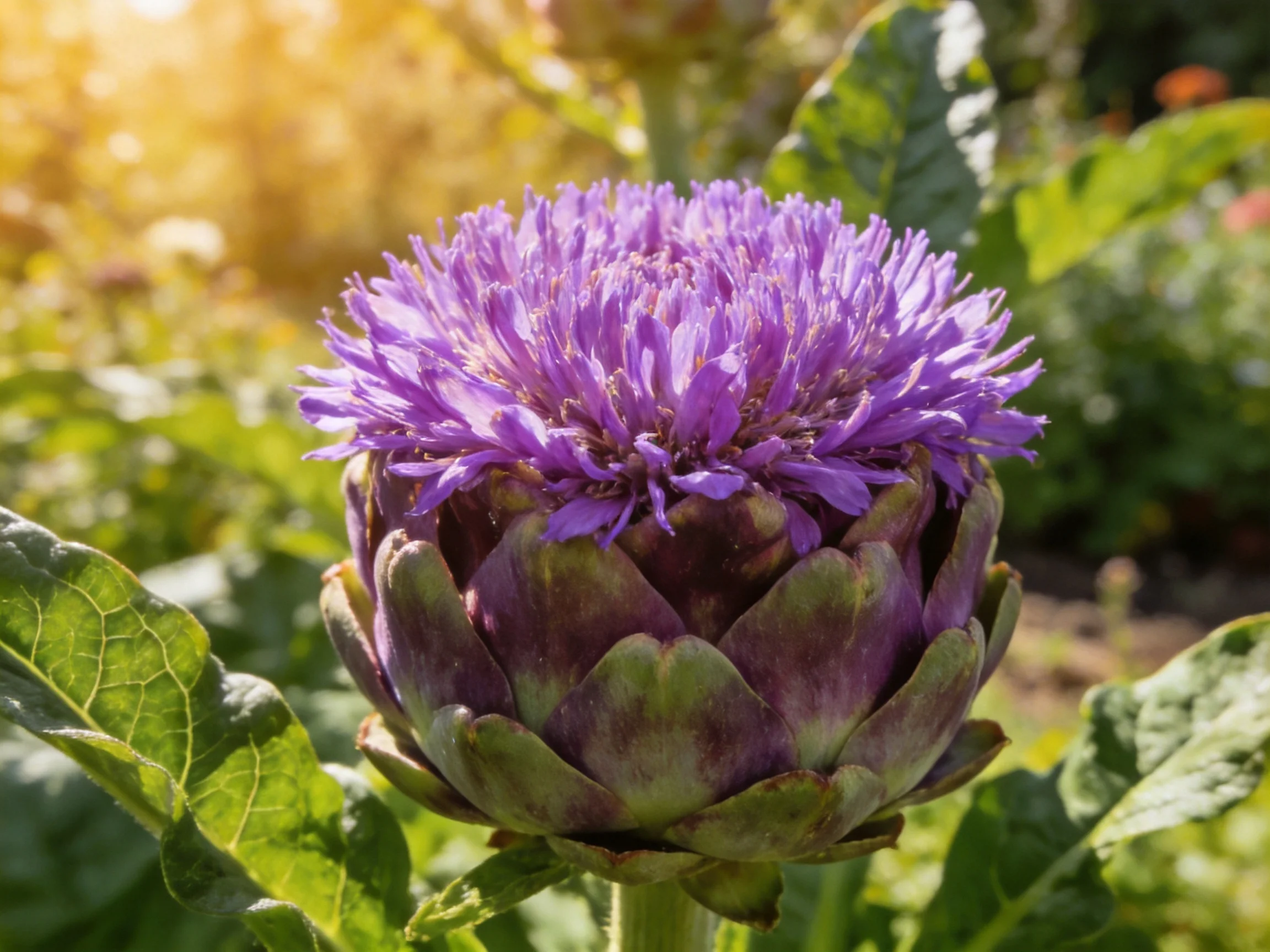 Vibrant purple artichoke bloom with lush green foliage in sunlit garden.