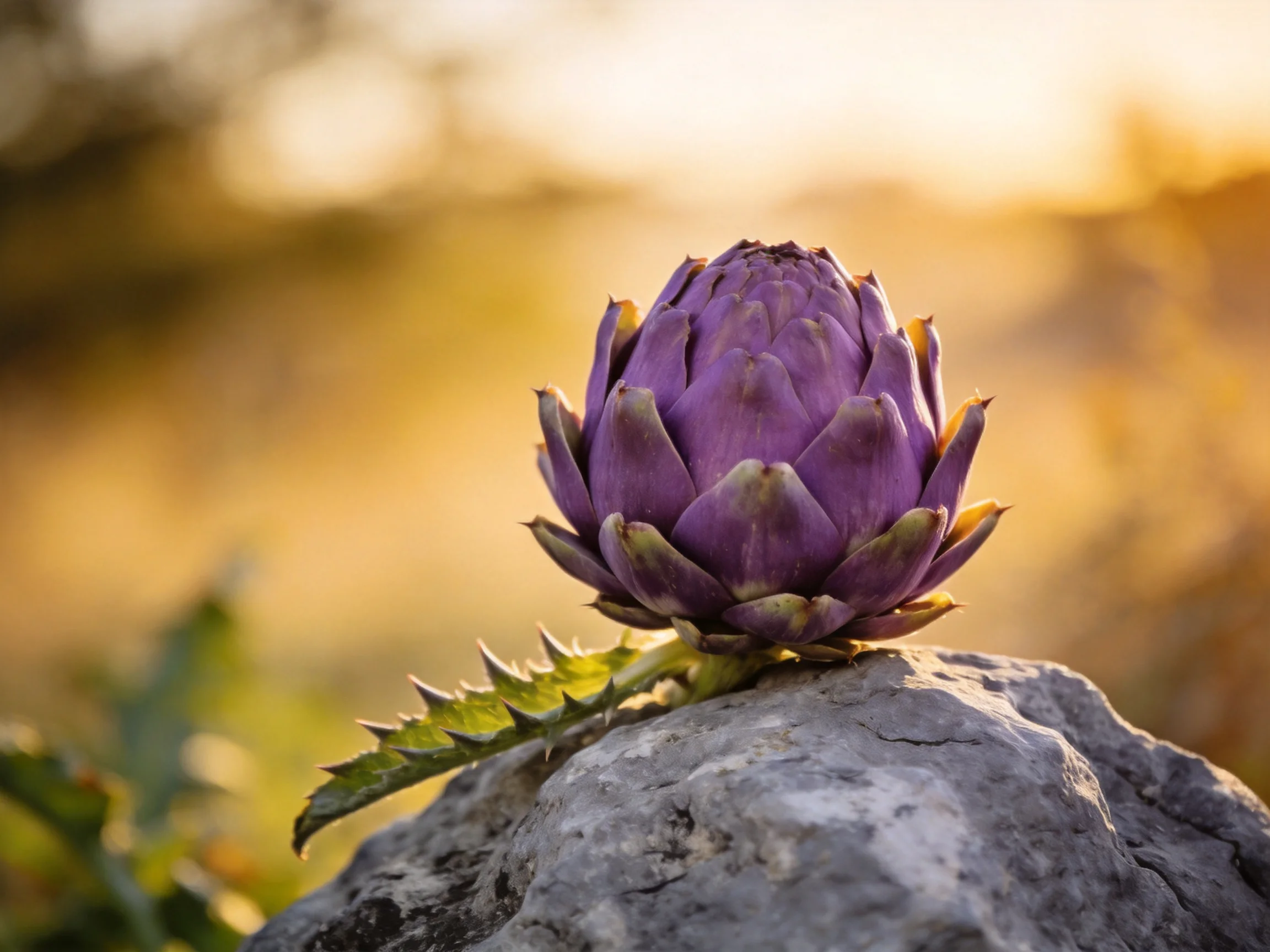 Vibrant purple artichoke bud atop a gray rock in golden sunlight
