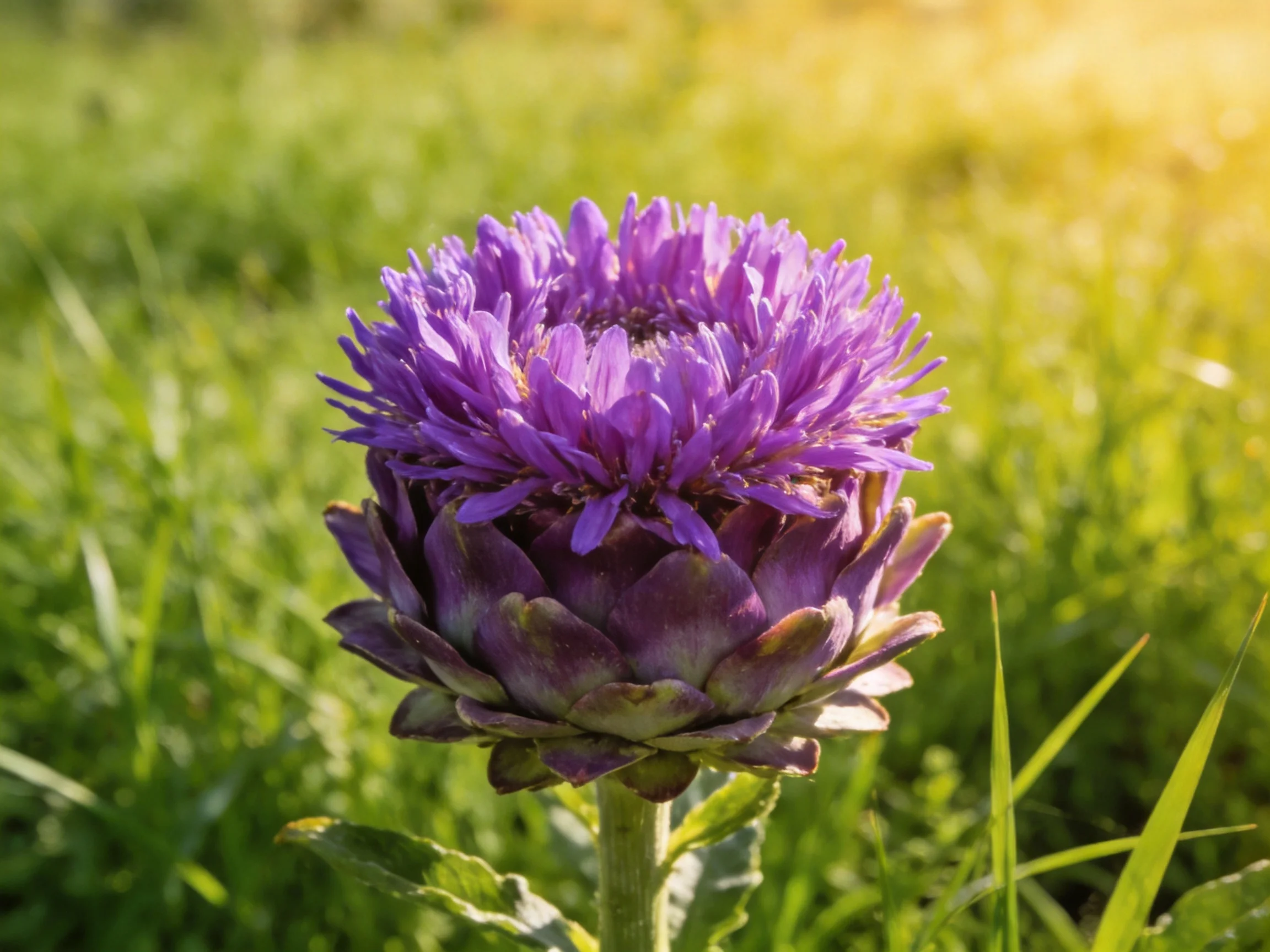 Vibrant purple artichoke flower blooming in sunlit grassy field