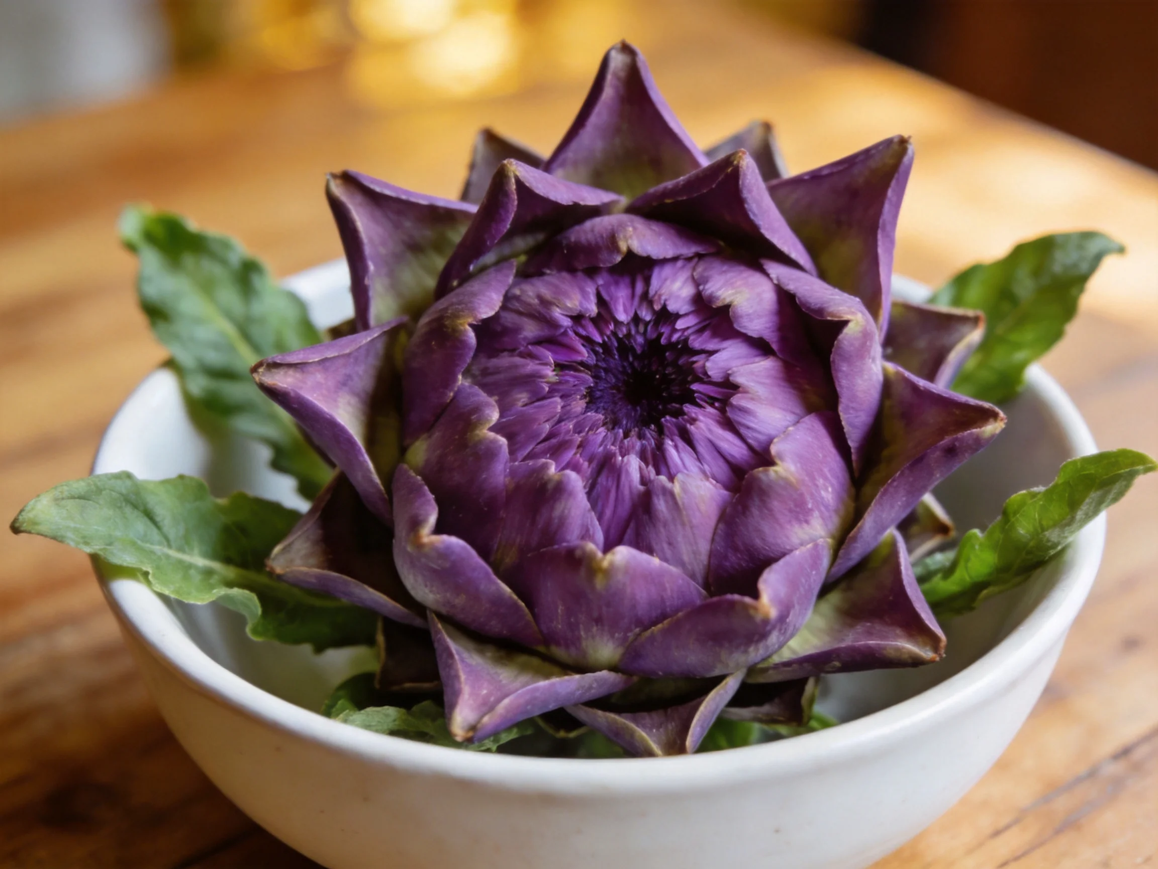 Vibrant purple artichoke in a white bowl on a wooden table