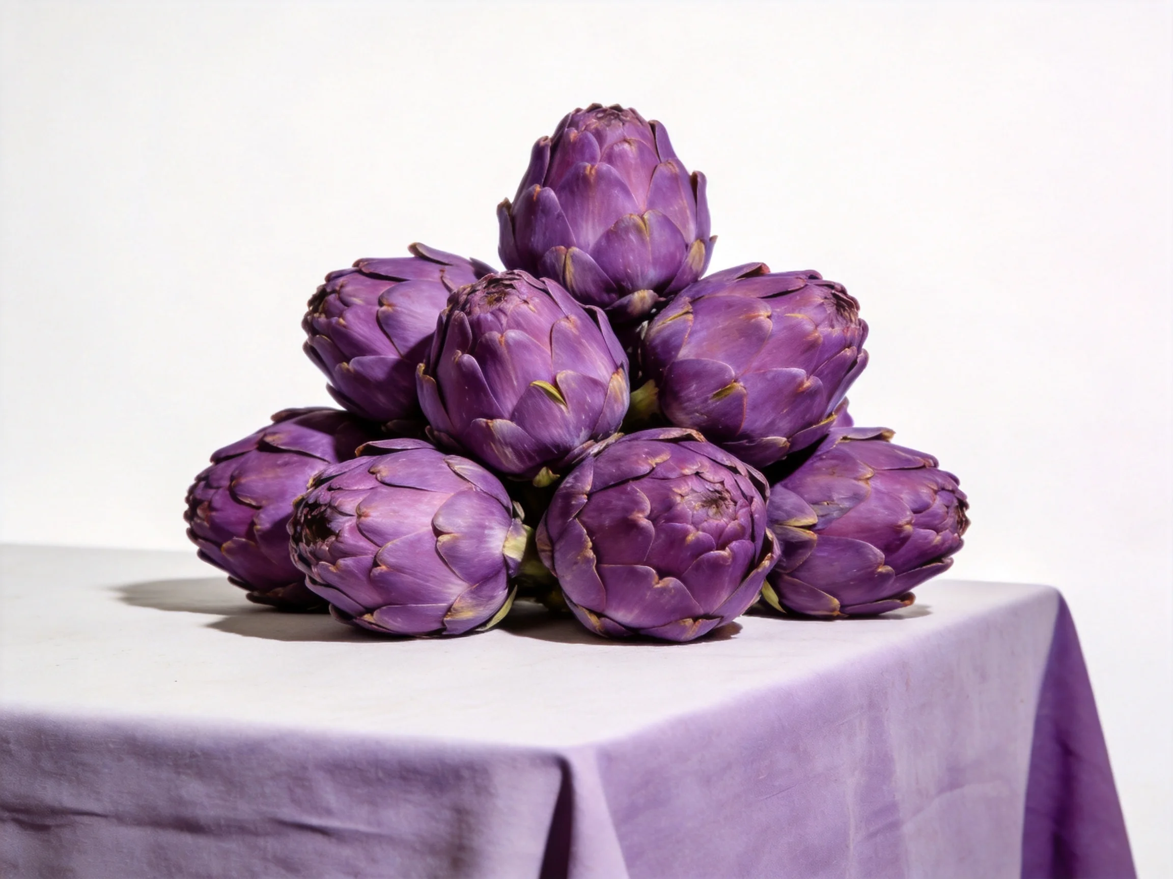 Vibrant purple artichokes arranged in a pyramid on a cloth-covered table