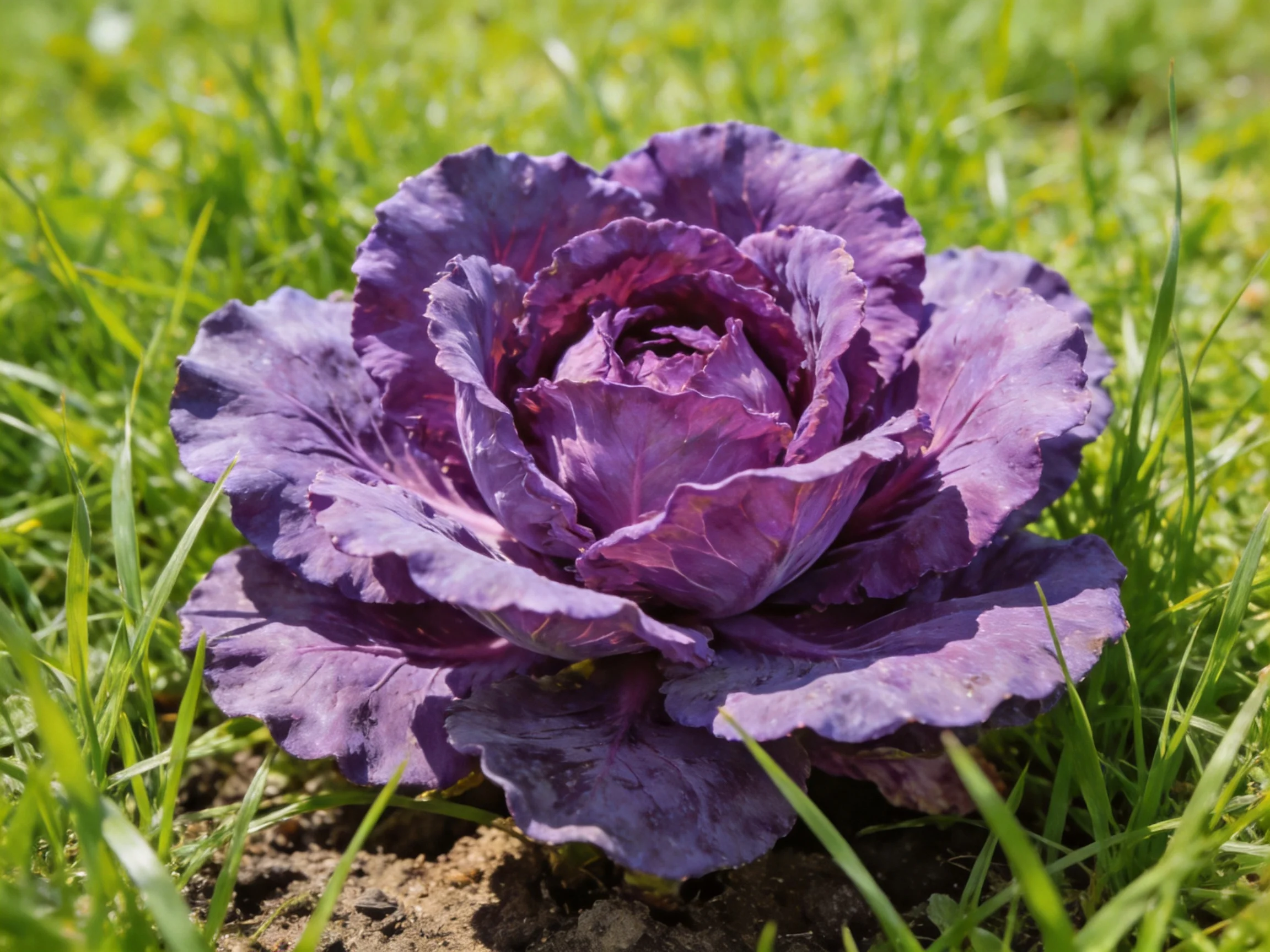 Vibrant purple cabbage surrounded by lush green grass