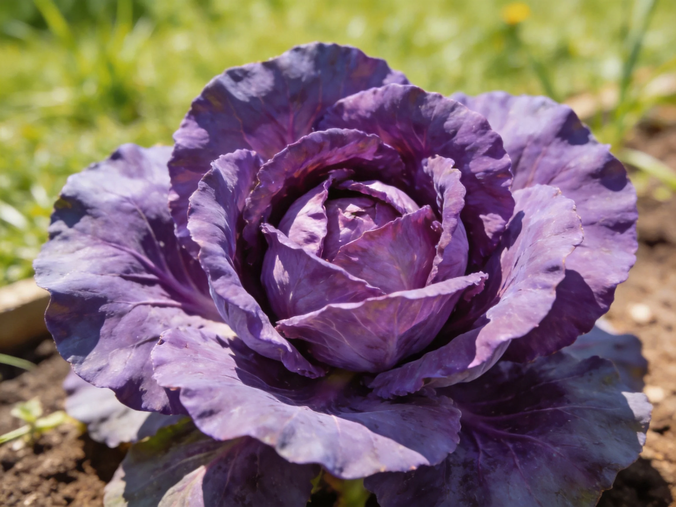 Vibrant purple cabbage with layered, ruffled leaves in a garden bed