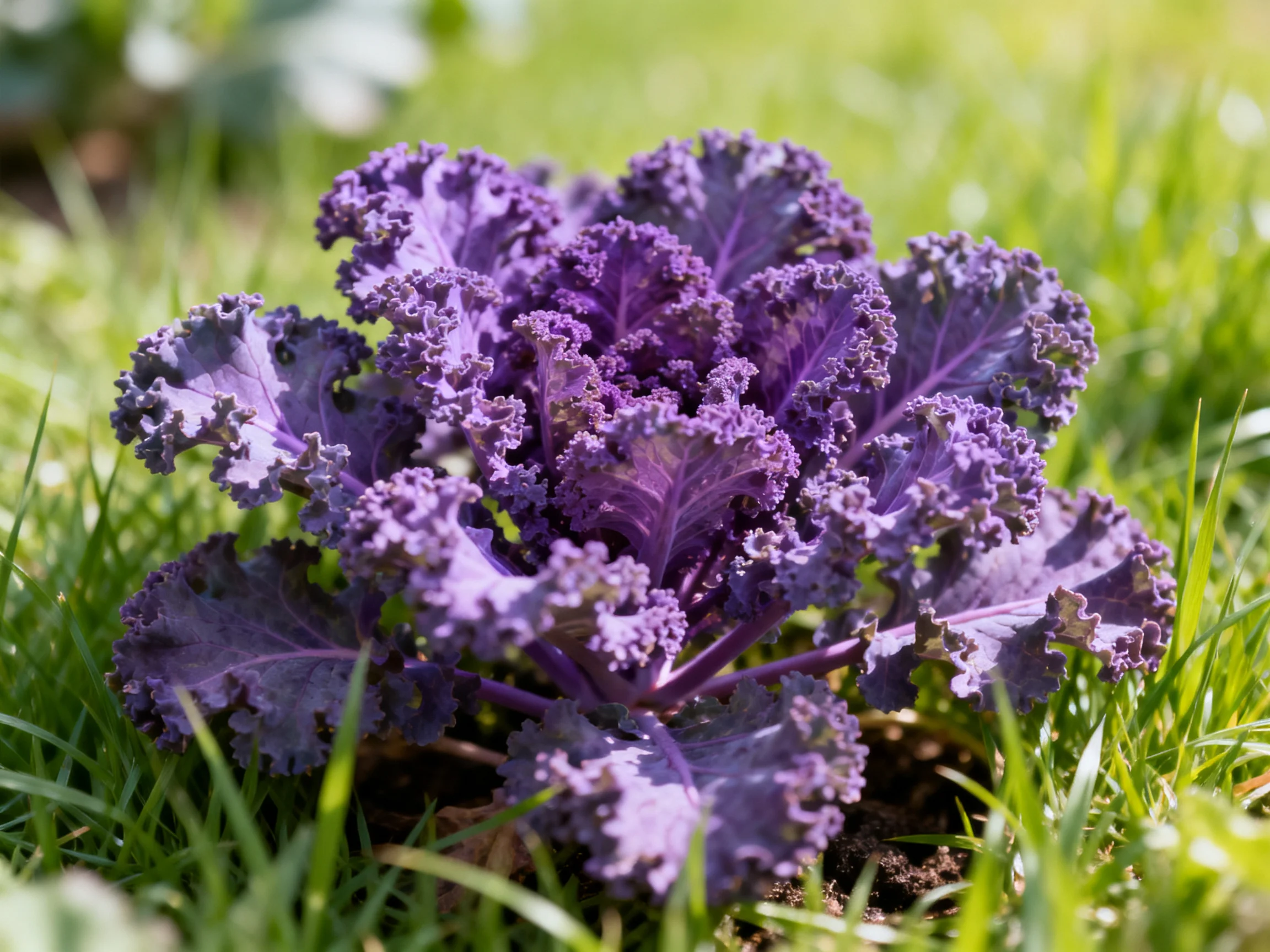 Vibrant purple curly leaf plant flourishing amid lush green grass