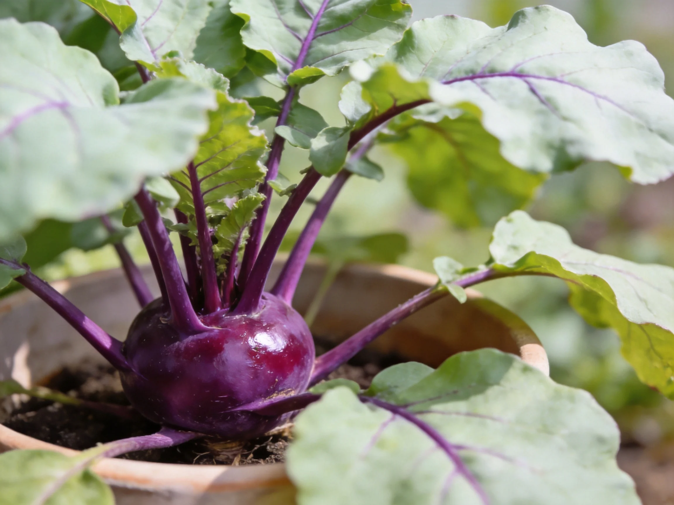 Vibrant purple kohlrabi with broad green leaves in a terracotta pot