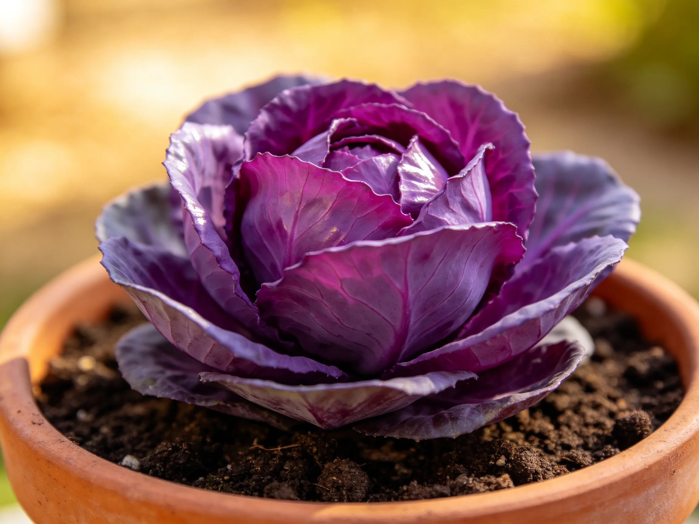 Vibrant purple-red cabbage in terracotta pot