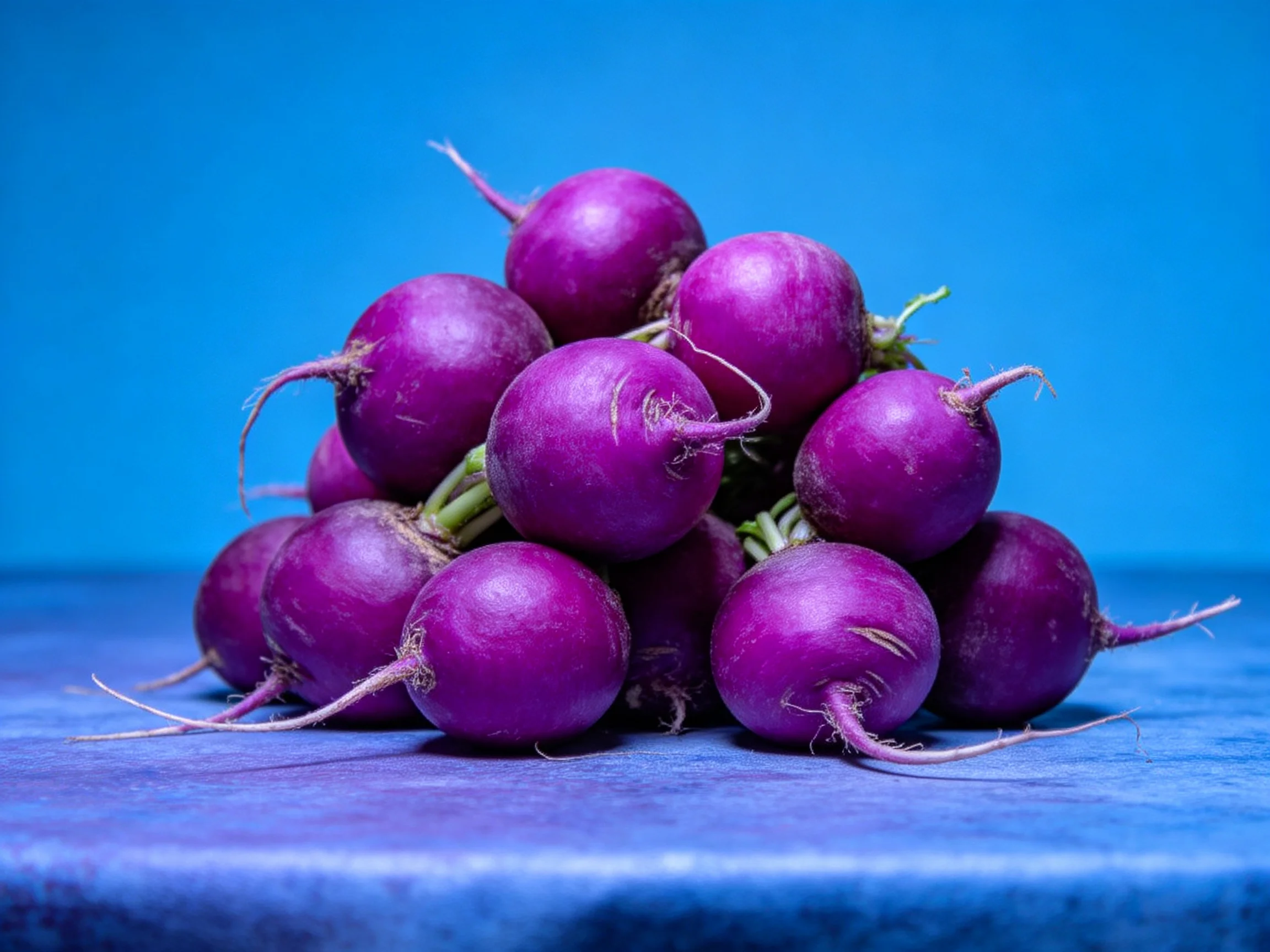 Vibrant purple root vegetables stacked in a pyramid formation on a blue surface