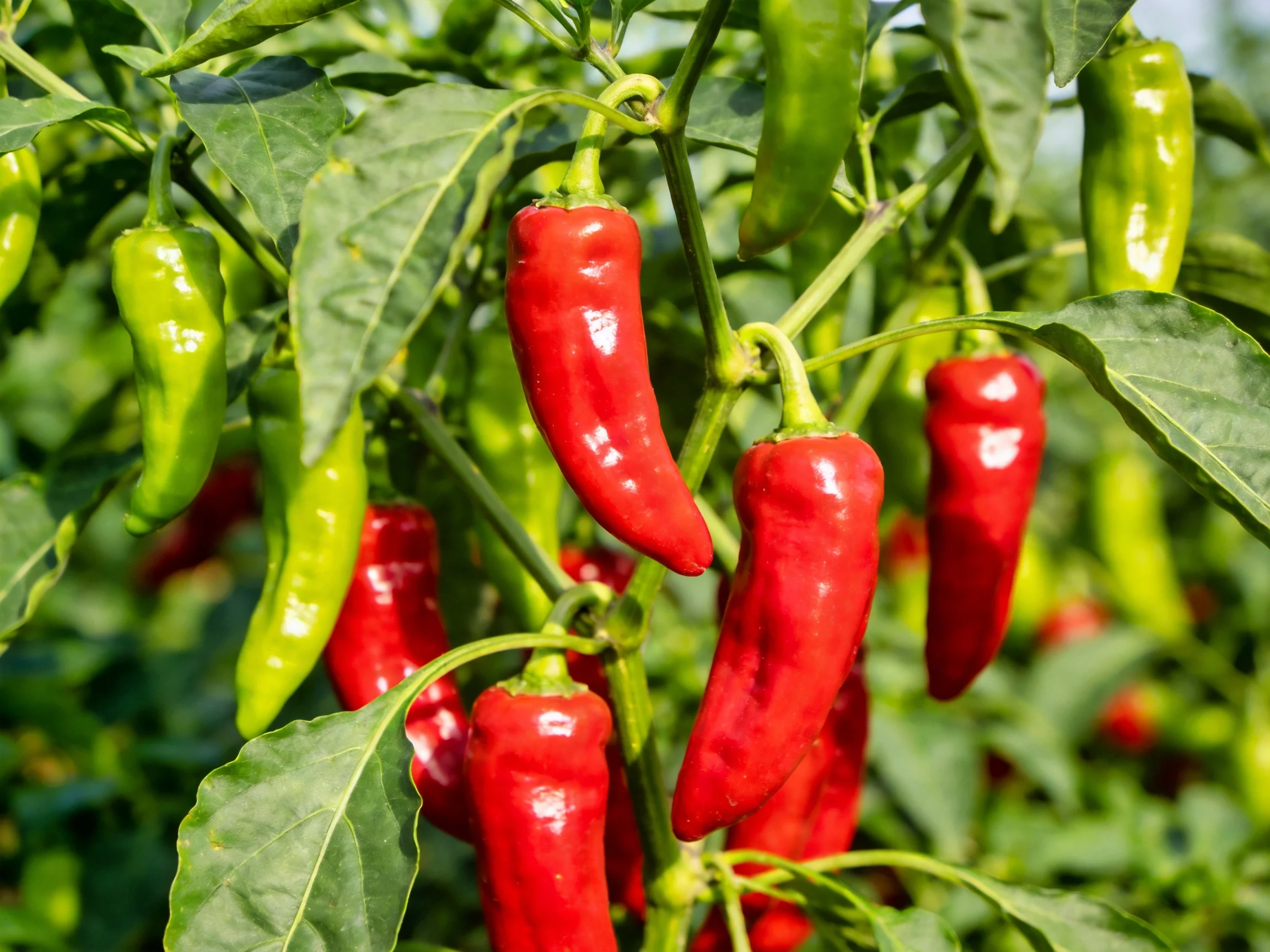 Vibrant red and green chili peppers growing on lush plants