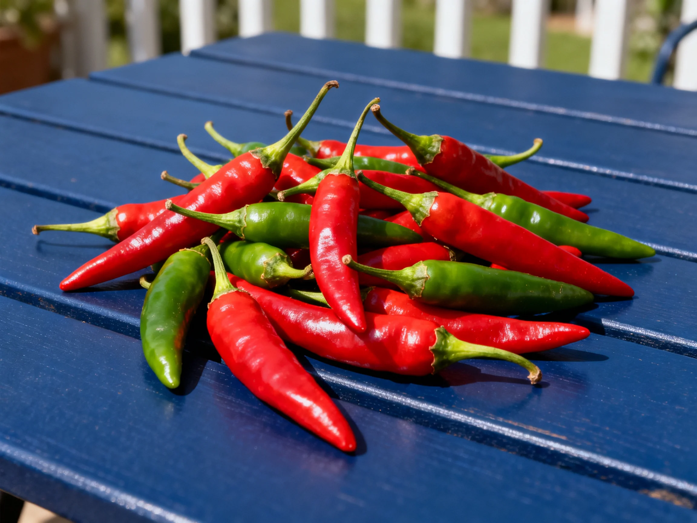 A pile of red and green chili peppers rests on a dark blue wooden surface.