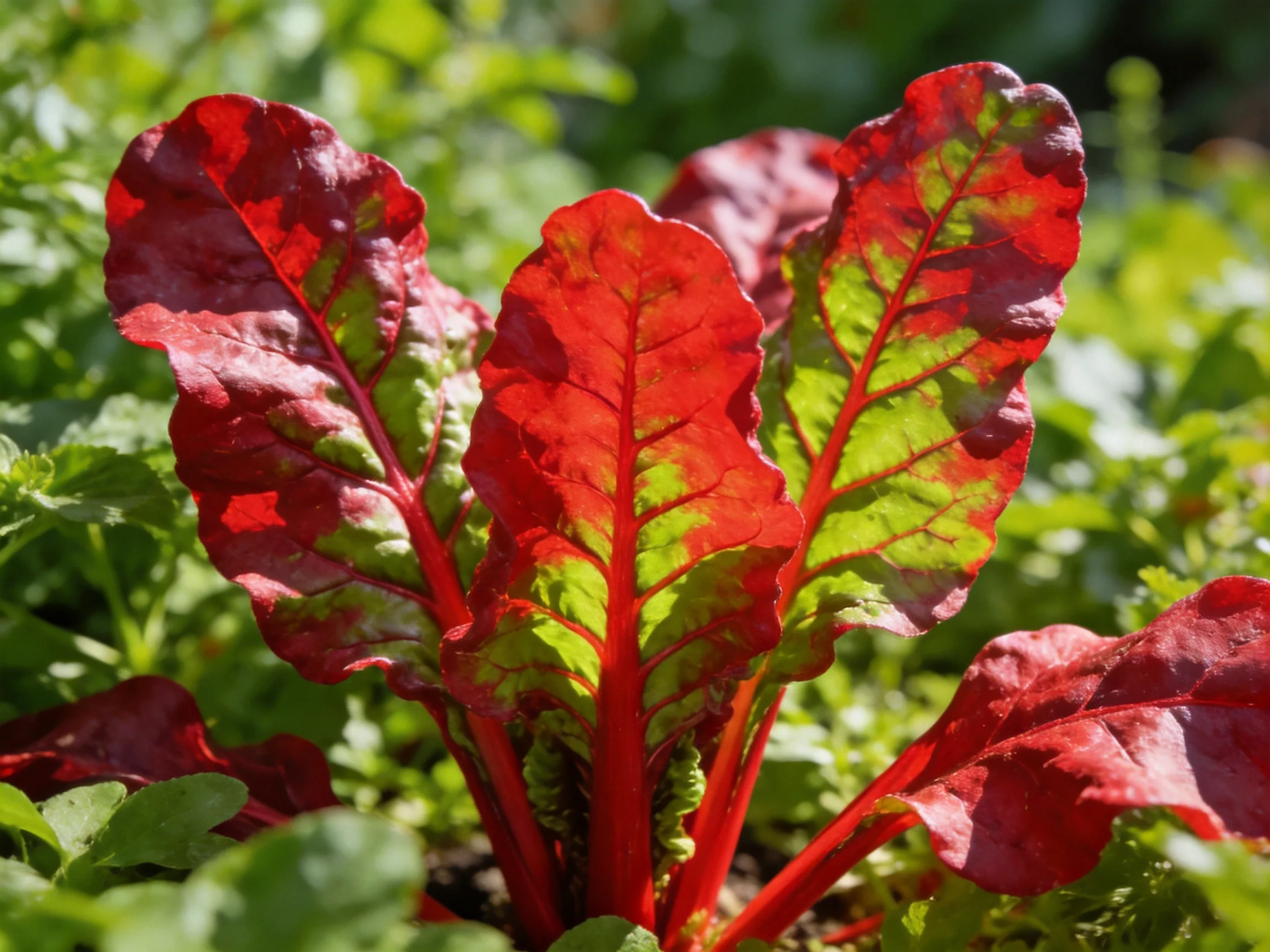 Vibrant red and green leafy plants in a sun-drenched garden