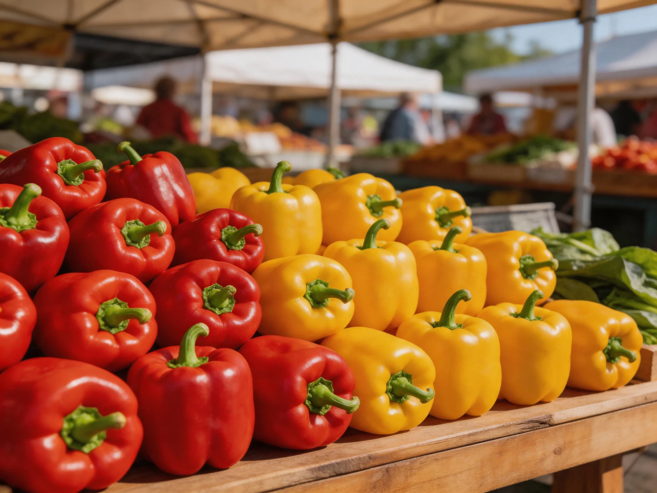 Vibrant red and yellow bell peppers neatly organized at an open-air market stand