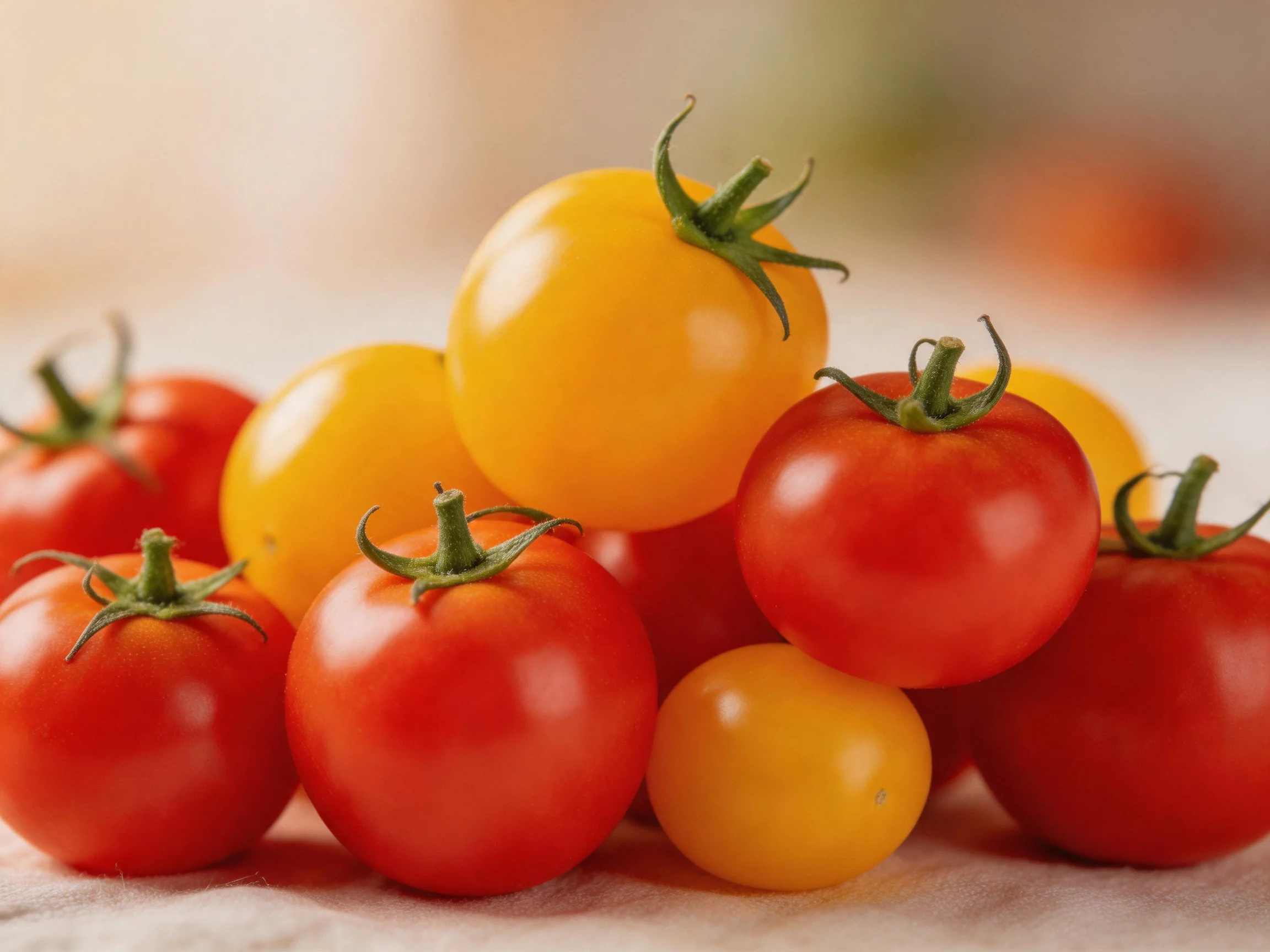 Vibrant red and yellow cherry tomatoes piled closely together